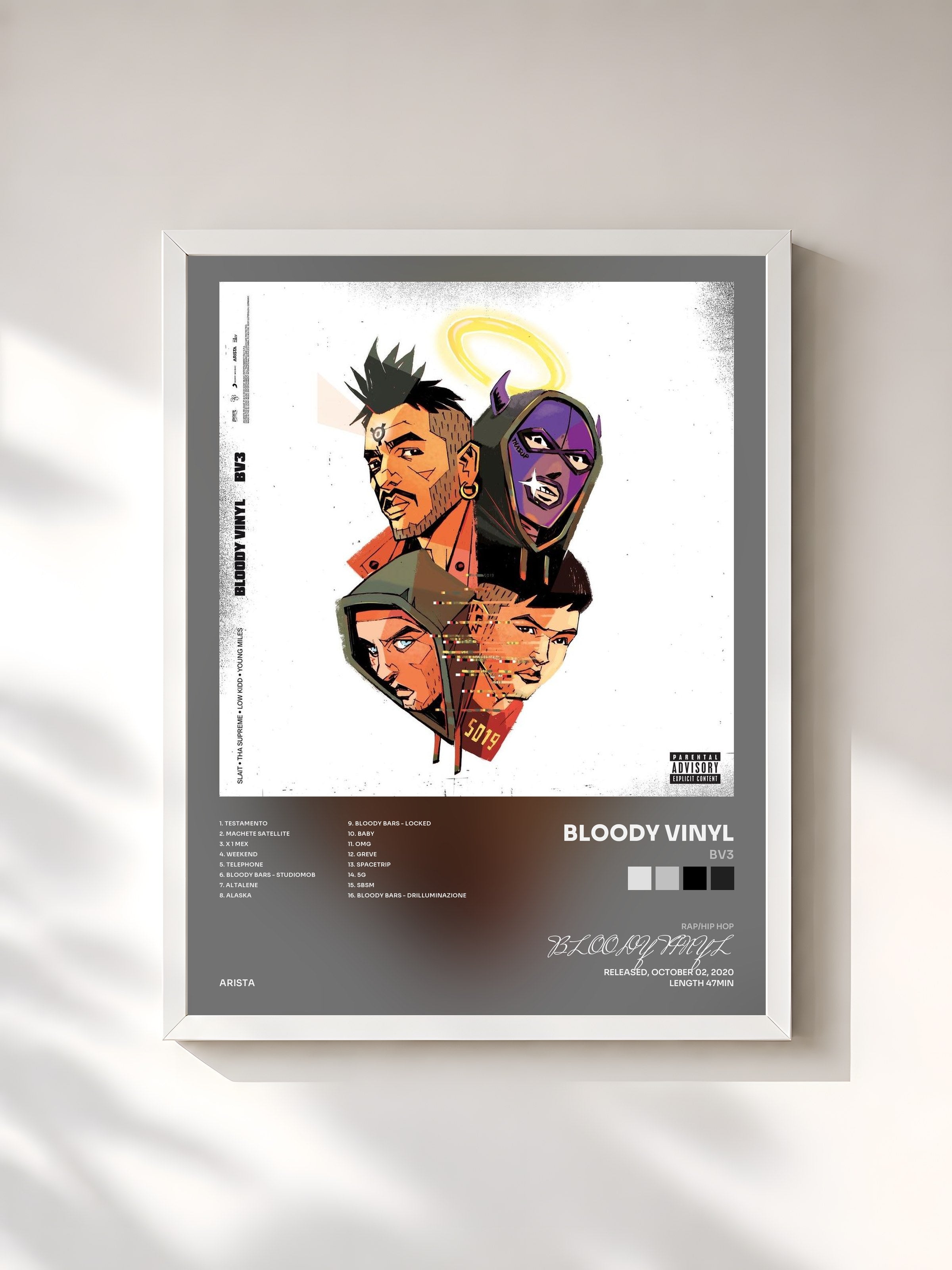 #blanc Tableau de l'album BV3 de BLOODY VINYL, cadre blanc, imprimé et encadré en France