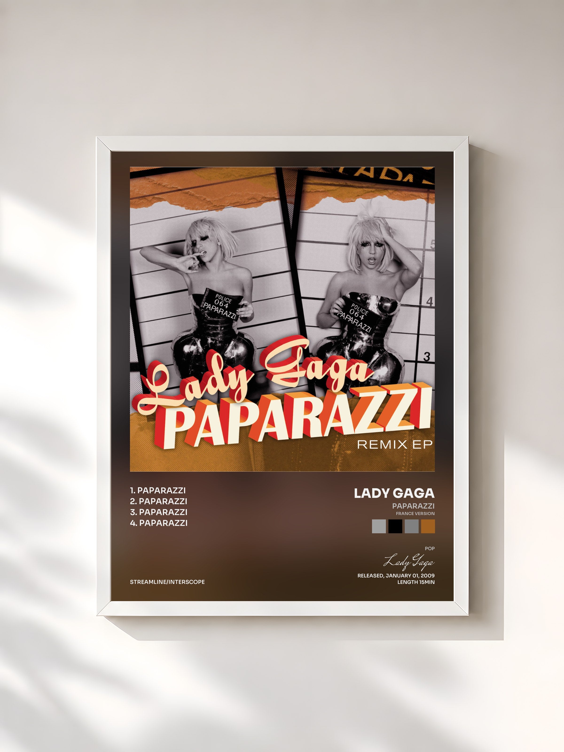 #blanc Tableau de l'album Paparazzi (France Version) de Lady Gaga, cadre blanc, imprimé et encadré en France