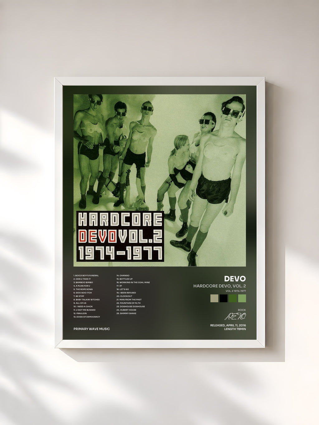 #blanc Tableau de l'album Hardcore Devo, Vol. 2 (Vol. 2 1974-1977) de DEVO, cadre blanc, imprimé et encadré en France