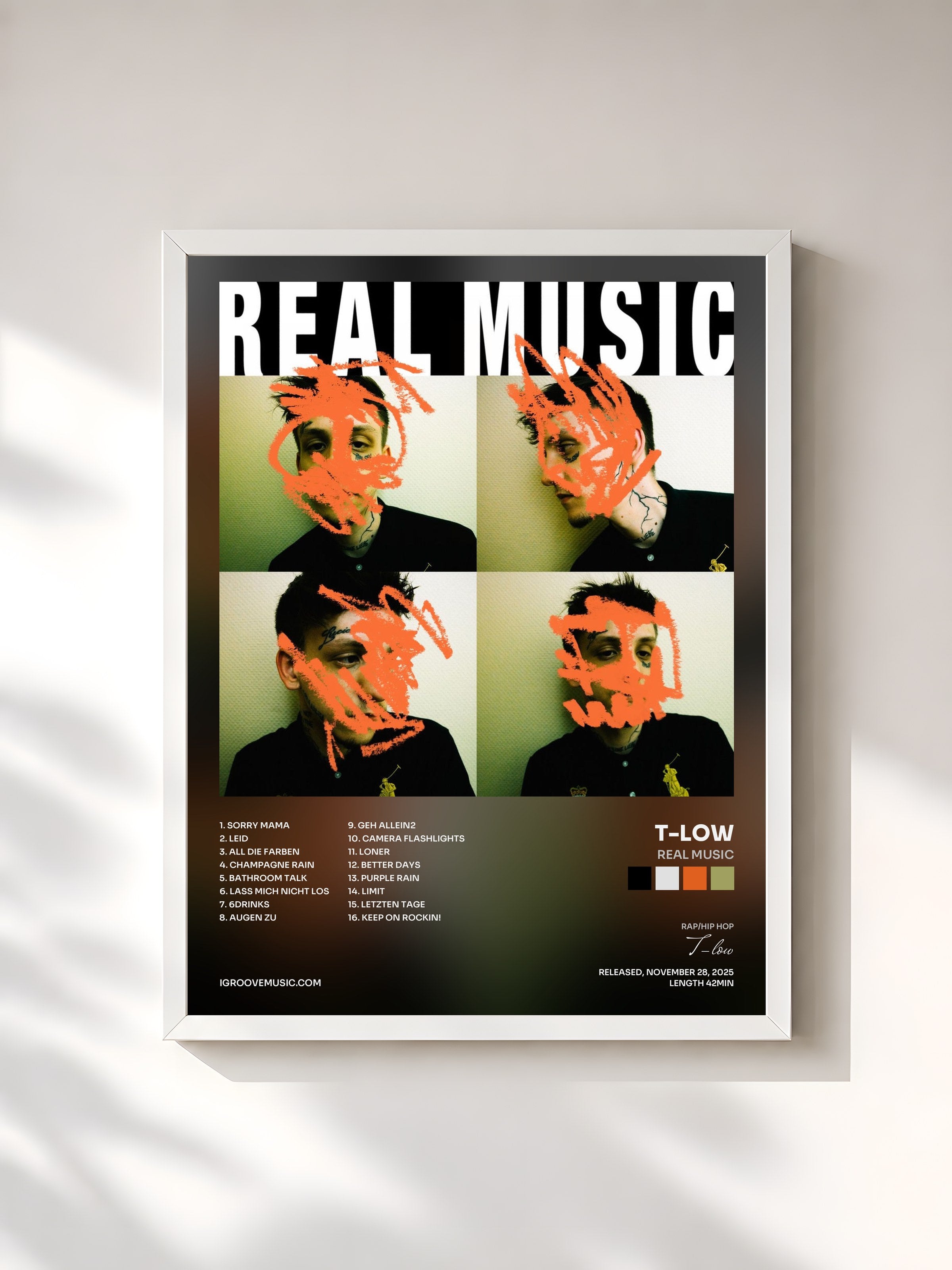 #blanc Tableau de l'album REAL MUSIC de T-low, cadre blanc, imprimé et encadré en France