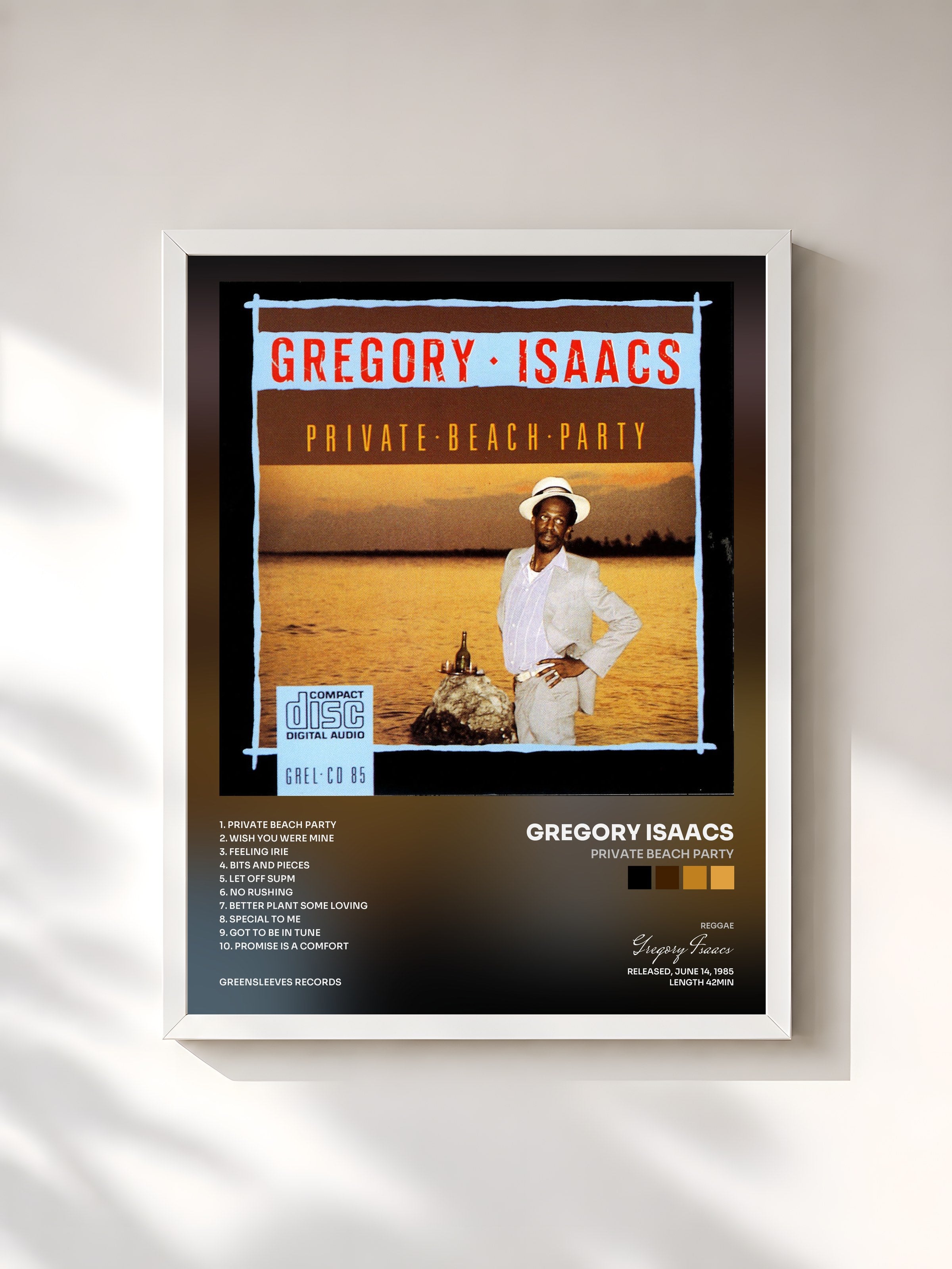 #blanc Tableau de l'album Private Beach Party de Gregory Isaacs, cadre blanc, imprimé et encadré en France