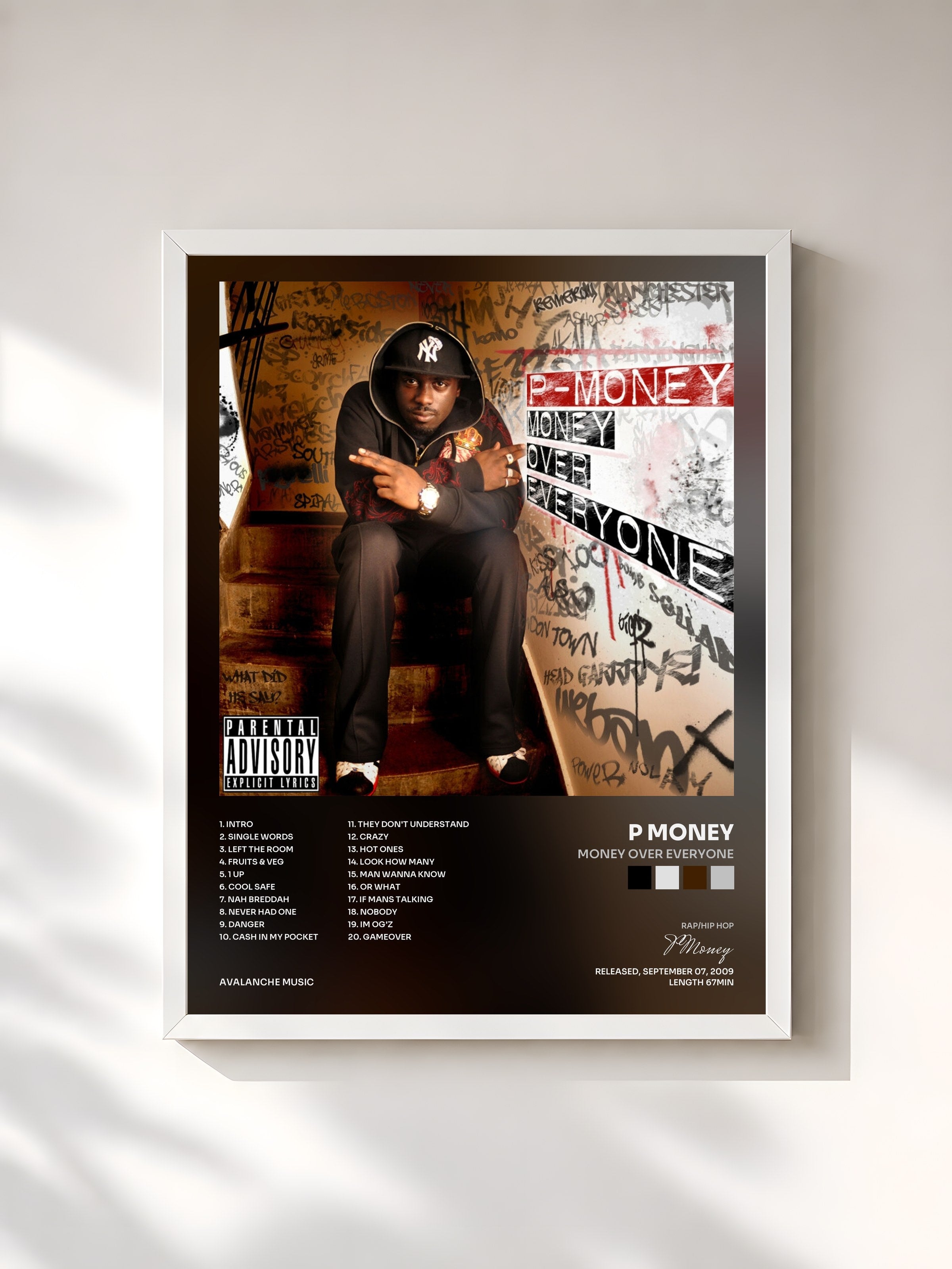 #blanc Tableau de l'album Money Over Everyone de P Money, cadre blanc, imprimé et encadré en France