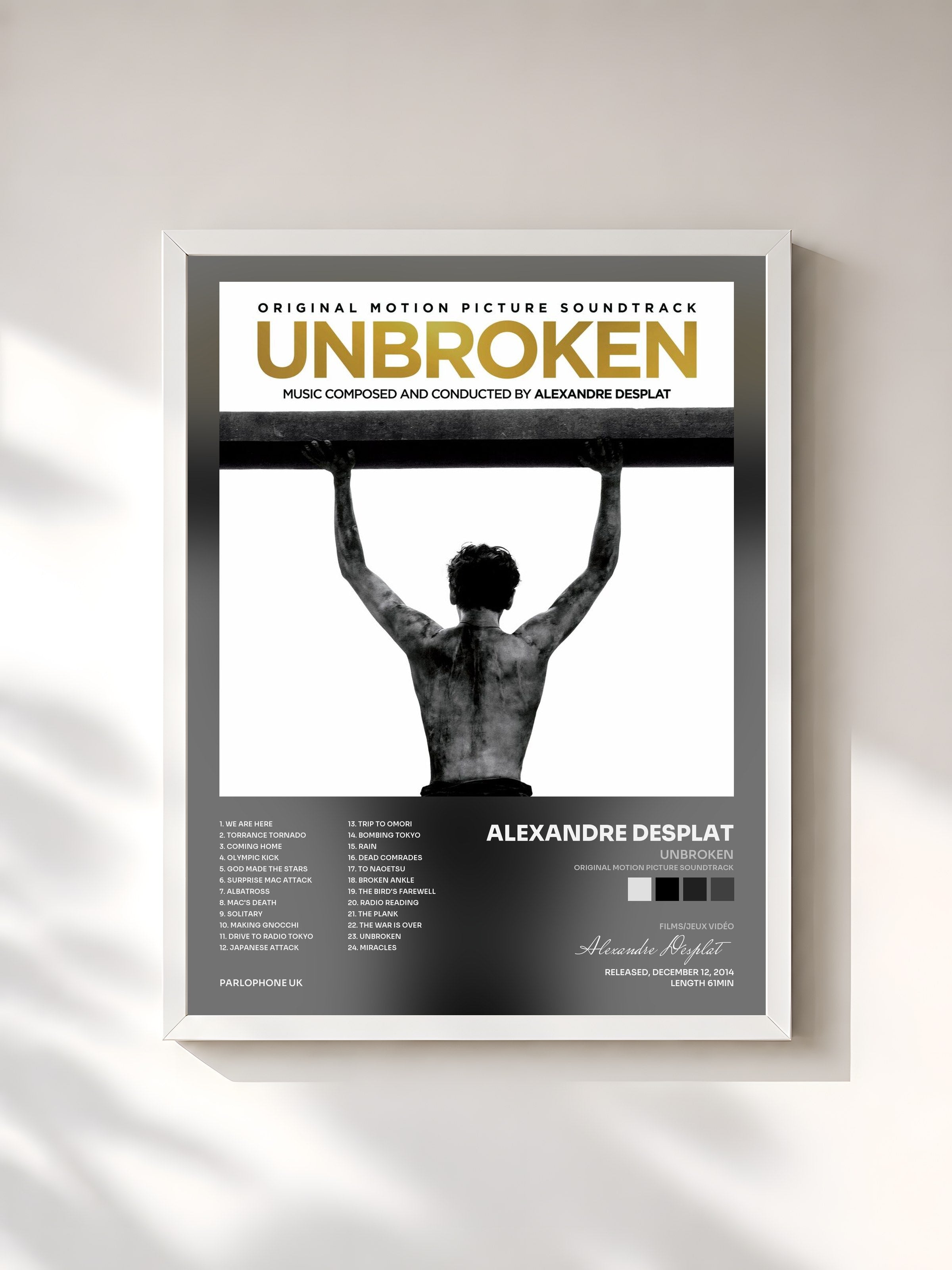 #blanc Tableau de l'album Unbroken (Original Motion Picture Soundtrack) de Alexandre Desplat, cadre blanc, imprimé et encadré en France