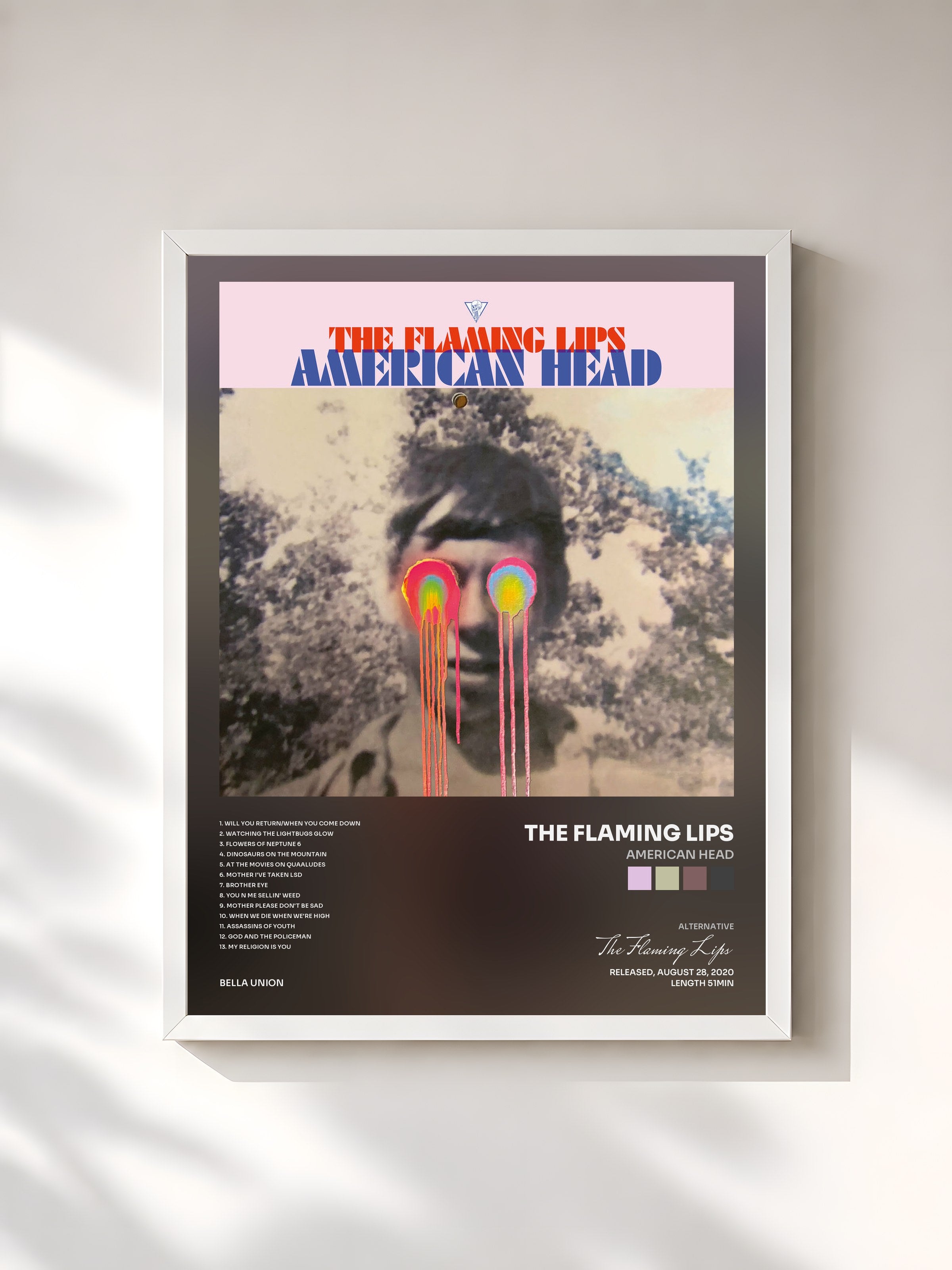 #blanc Tableau de l'album American Head de The Flaming Lips, cadre blanc, imprimé et encadré en France