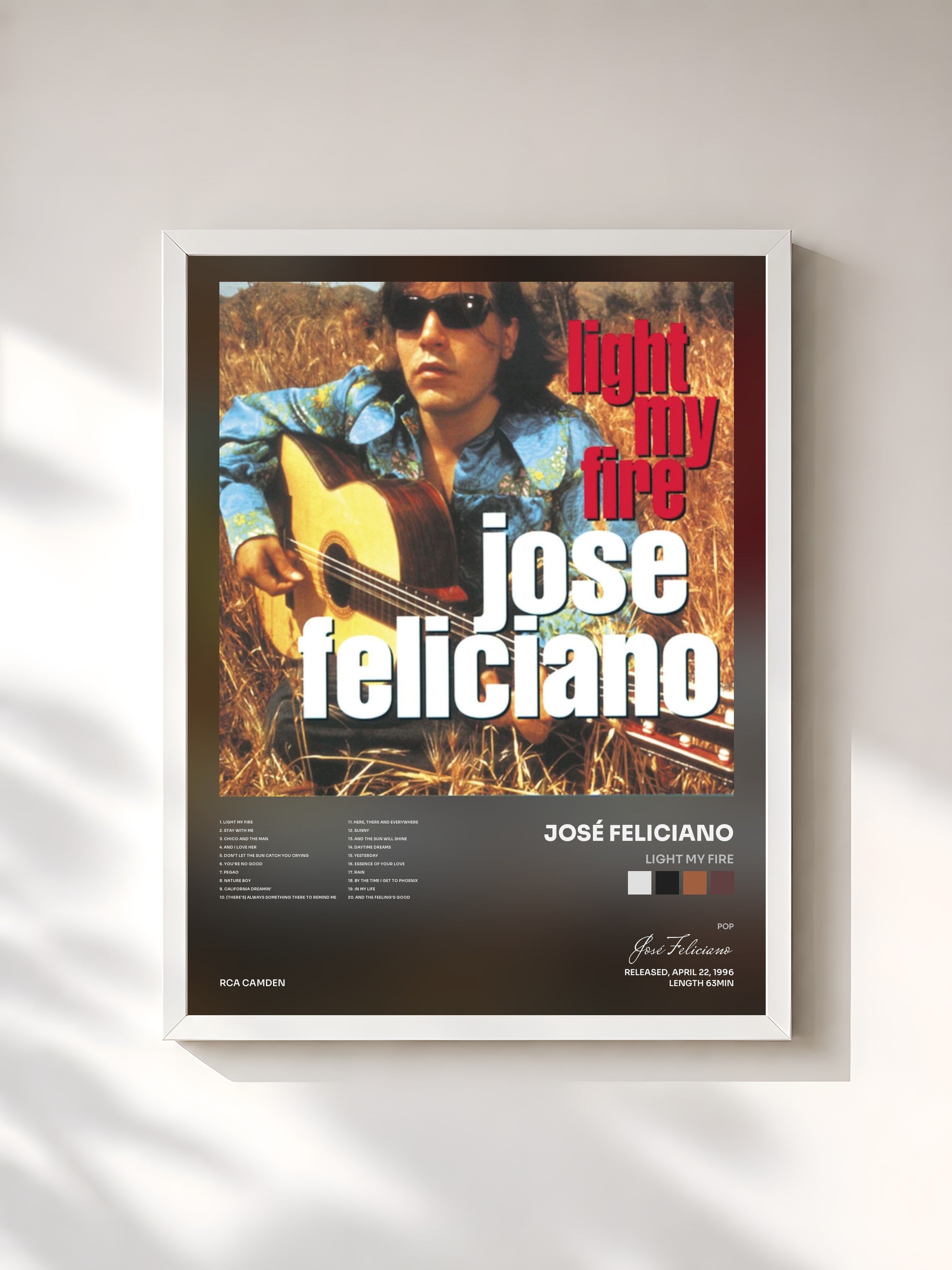 #blanc Tableau de l'album Light My Fire de José Feliciano, cadre blanc, imprimé et encadré en France