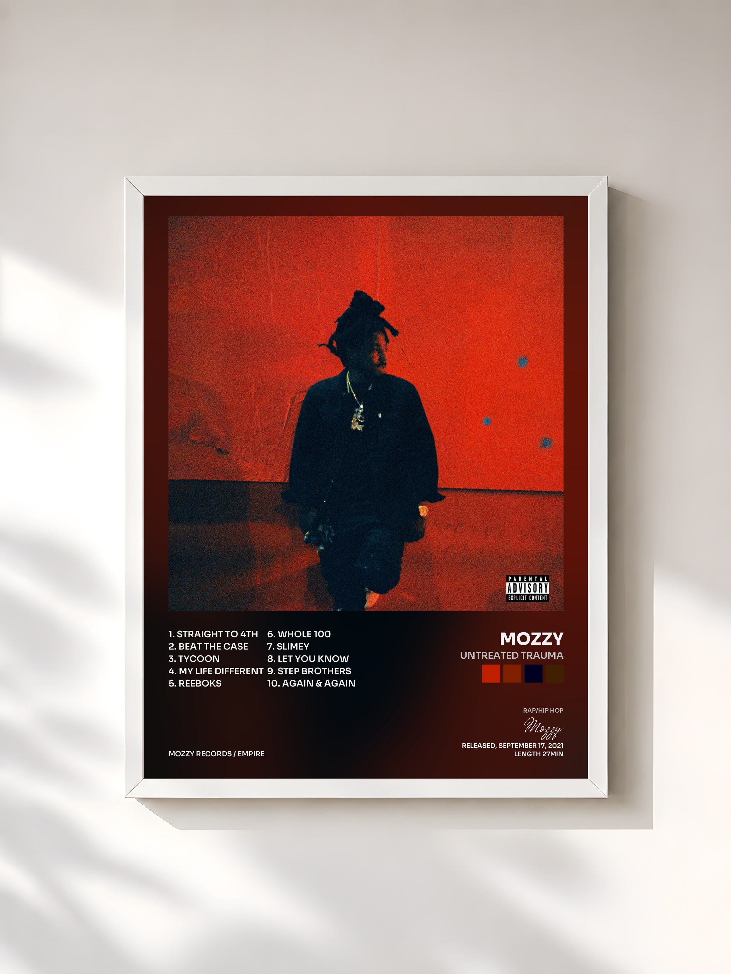 #blanc Tableau de l'album Untreated Trauma de Mozzy, cadre blanc, imprimé et encadré en France