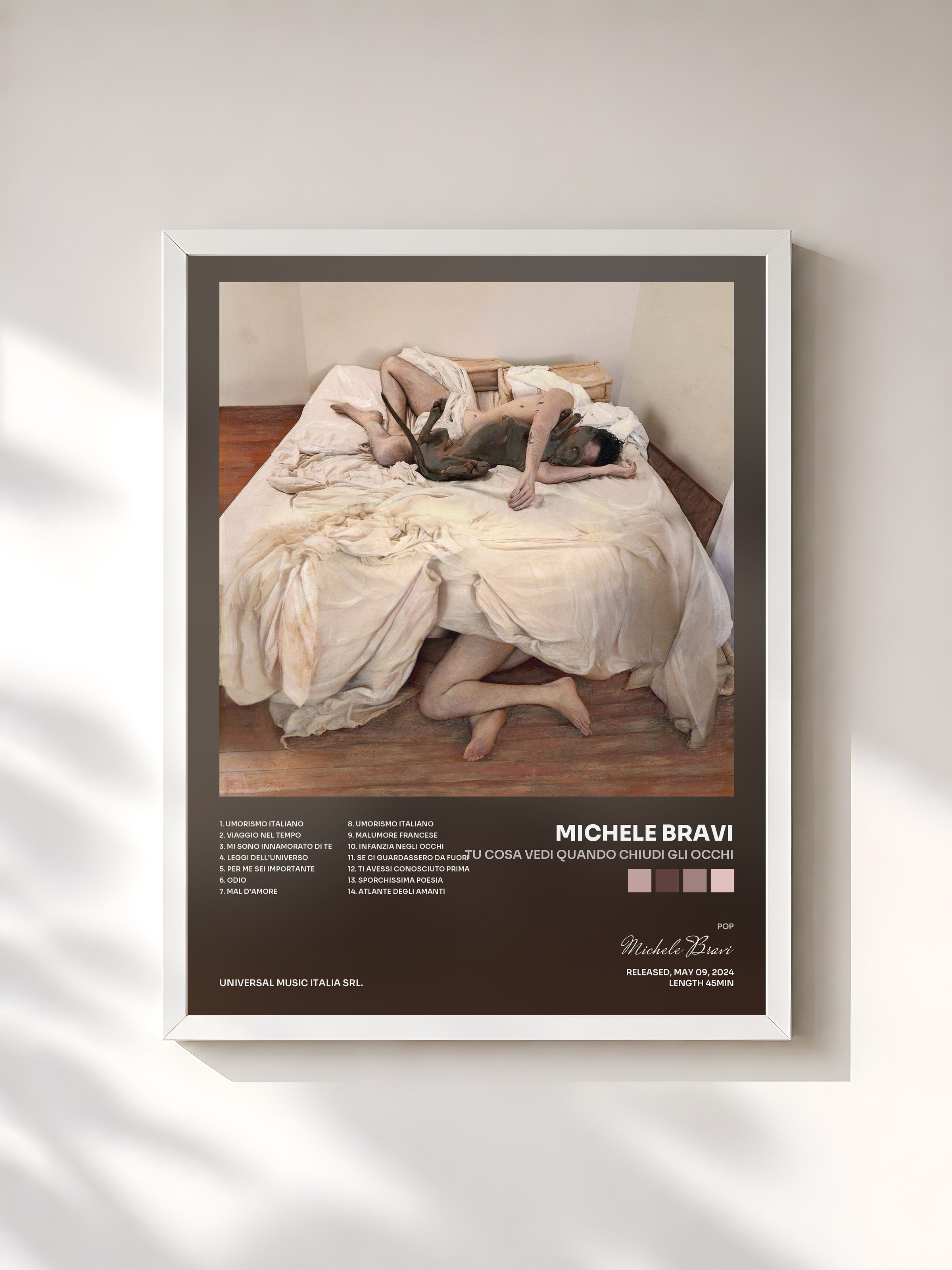 #blanc Tableau de l'album tu cosa vedi quando chiudi gli occhi de Michele Bravi, cadre blanc, imprimé et encadré en France