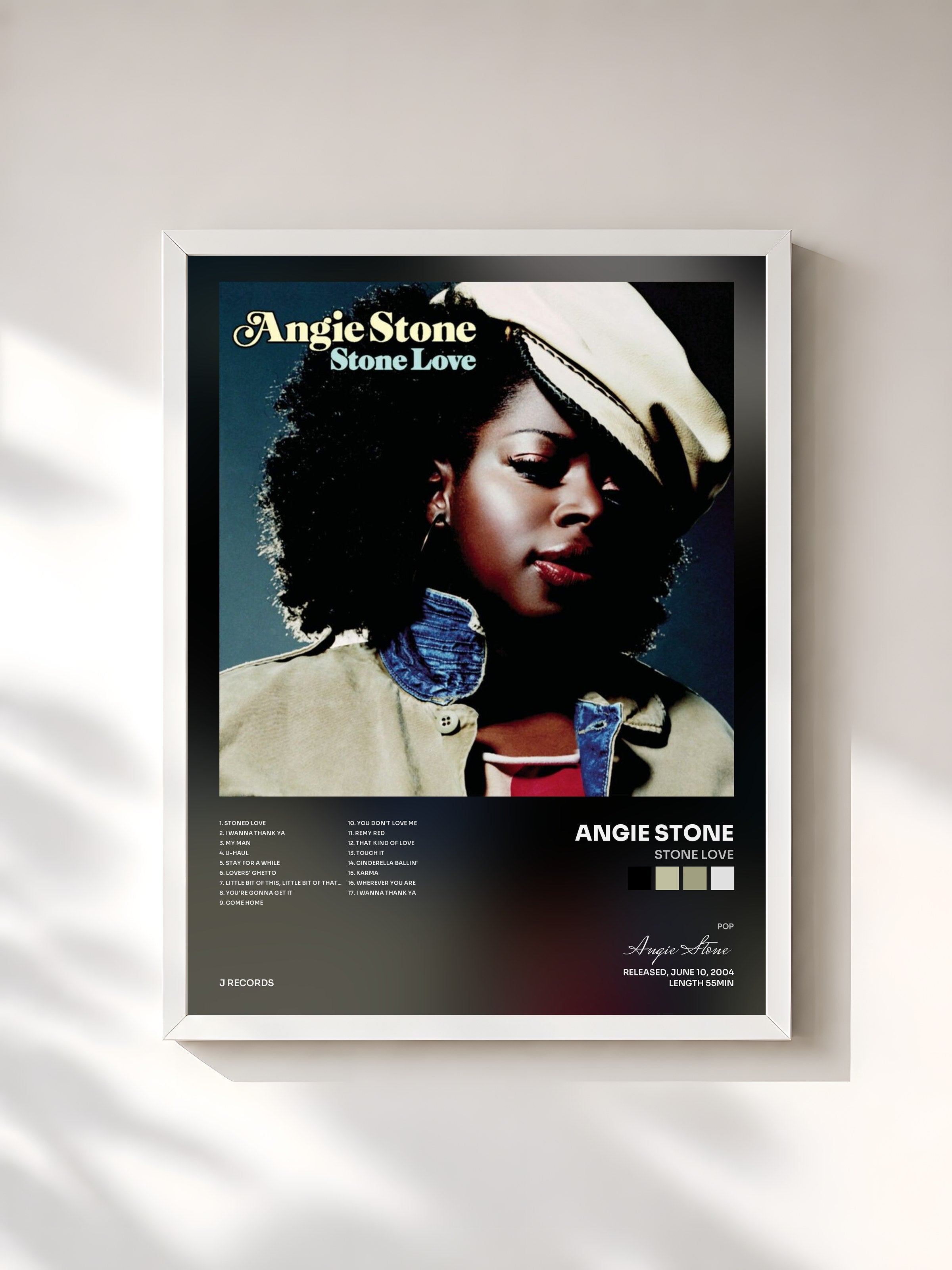 #blanc Tableau de l'album Stone Love de Angie Stone, cadre blanc, imprimé et encadré en France