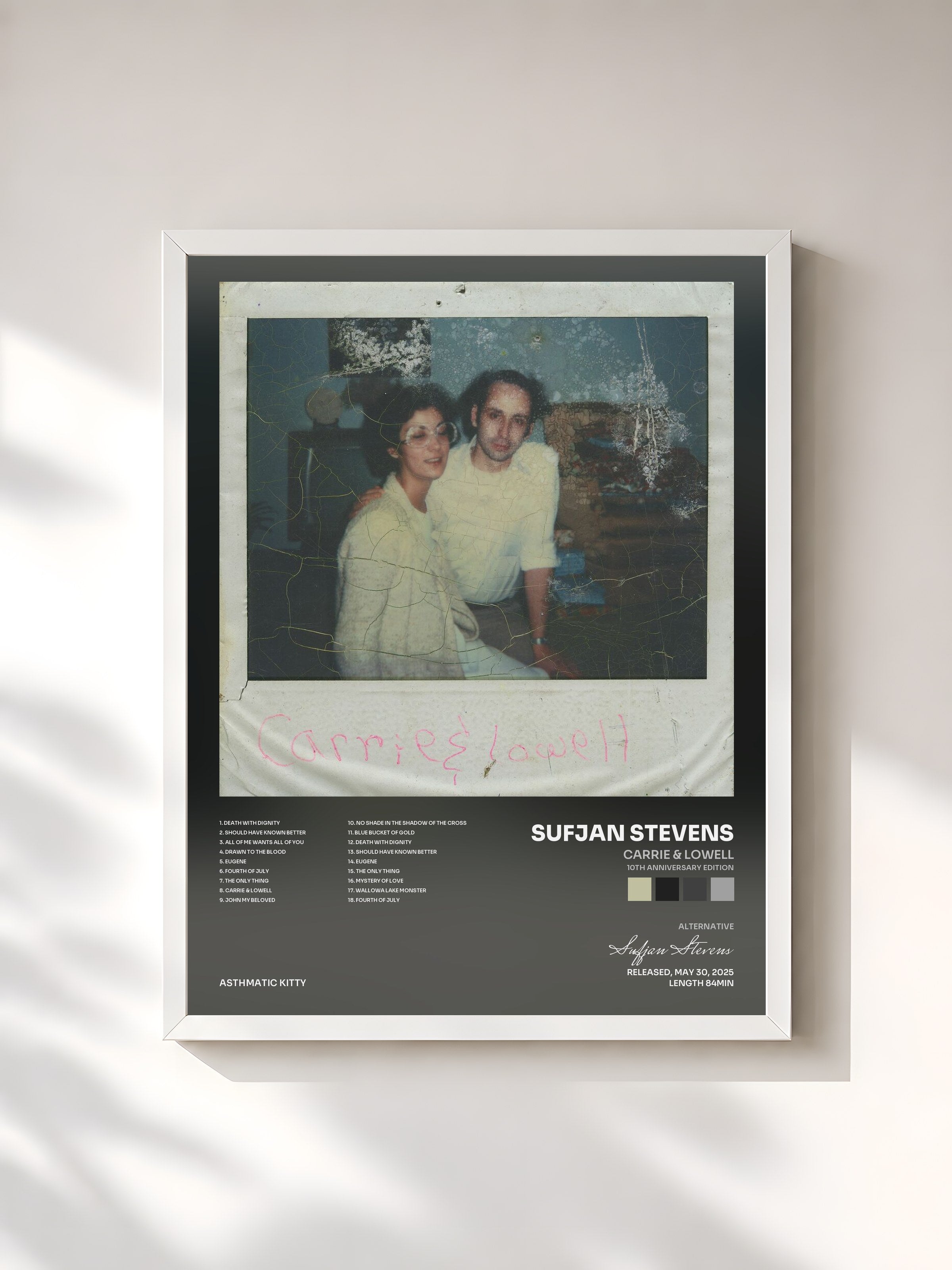 #blanc Tableau de l'album Carrie & Lowell (10th Anniversary Edition) de Sufjan Stevens, cadre blanc, imprimé et encadré en France