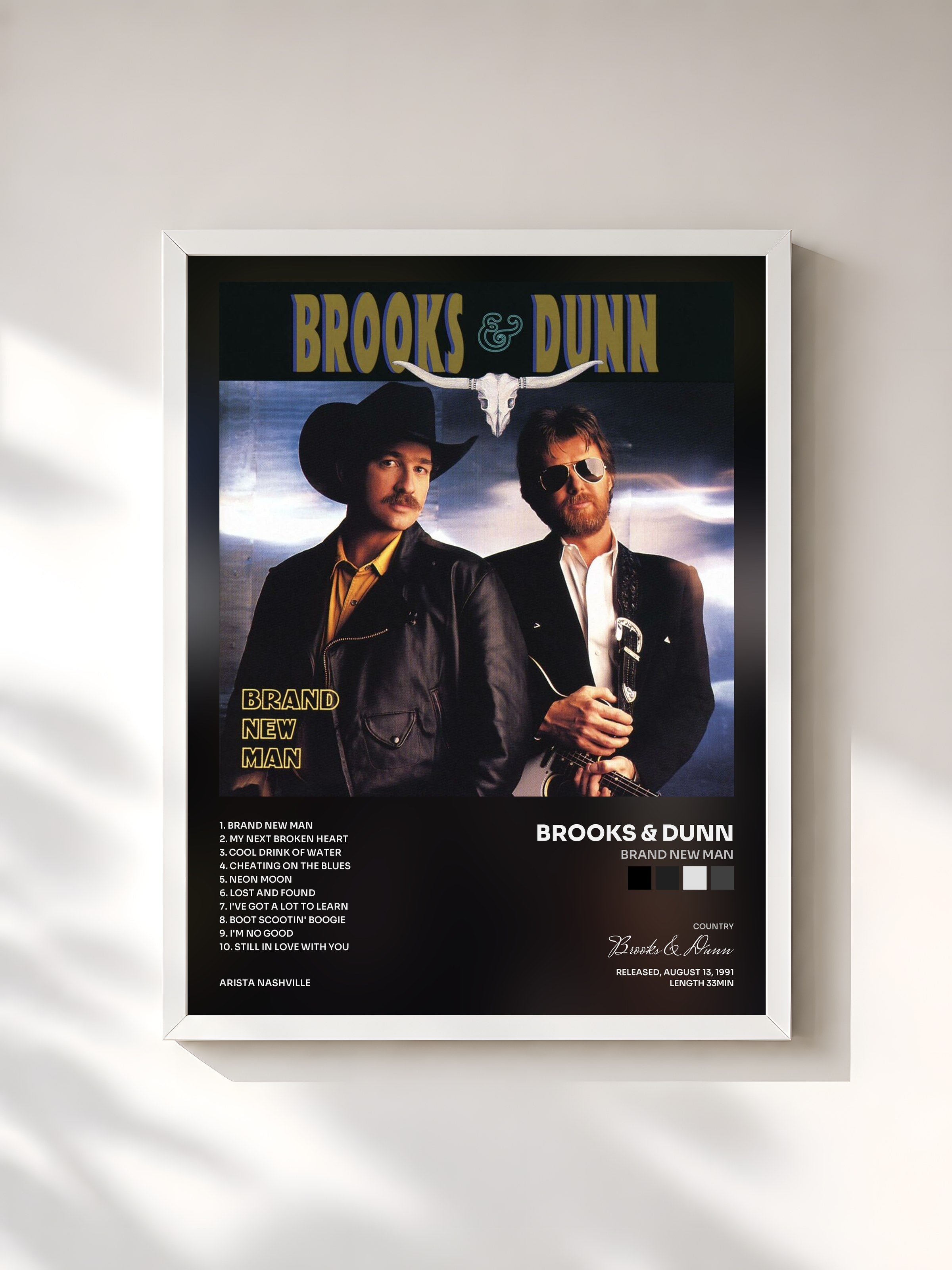 #blanc Tableau de l'album Brand New Man de Brooks & Dunn, cadre blanc, imprimé et encadré en France