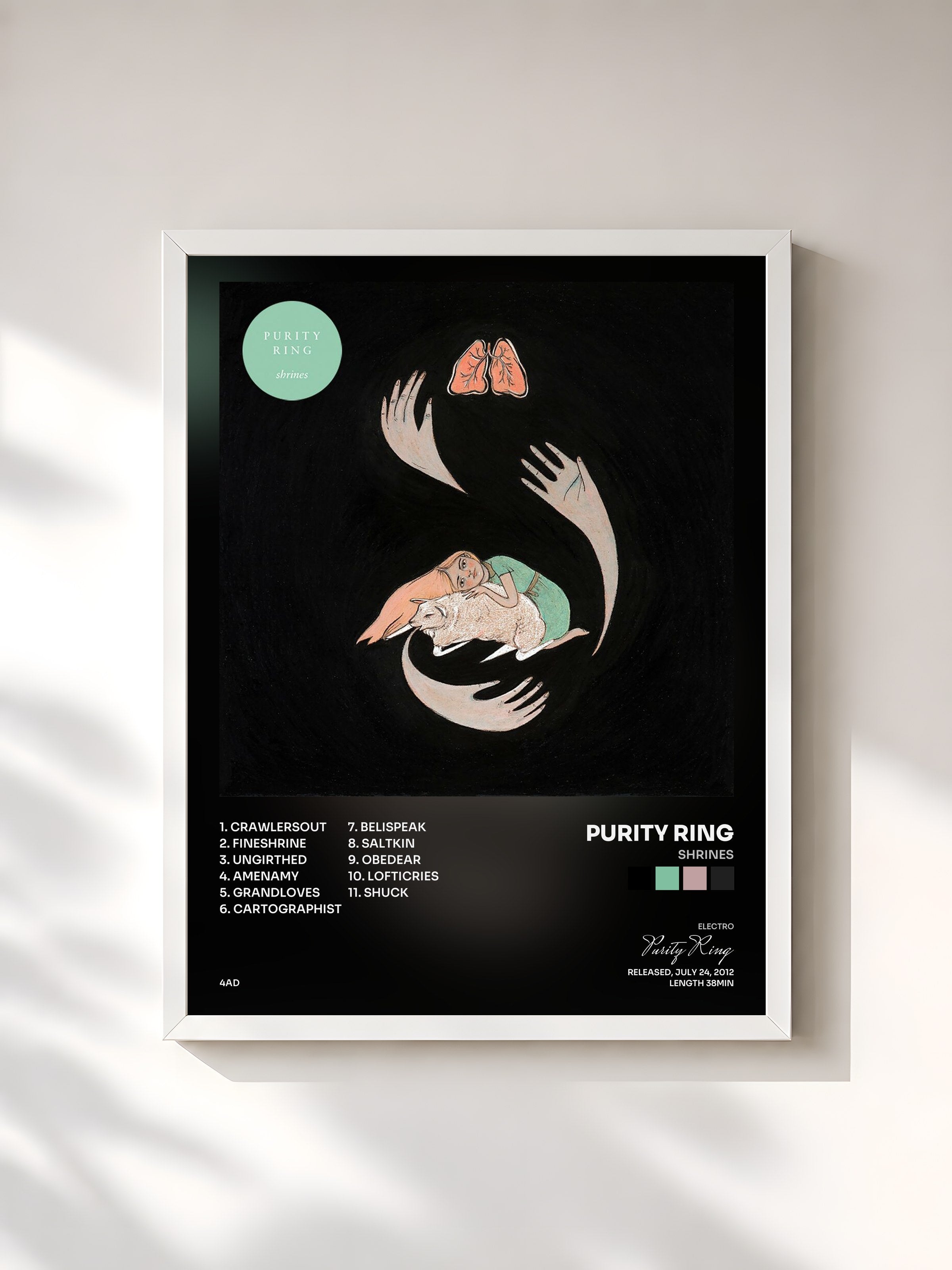 #blanc Tableau de l'album shrines de Purity Ring, cadre blanc, imprimé et encadré en France