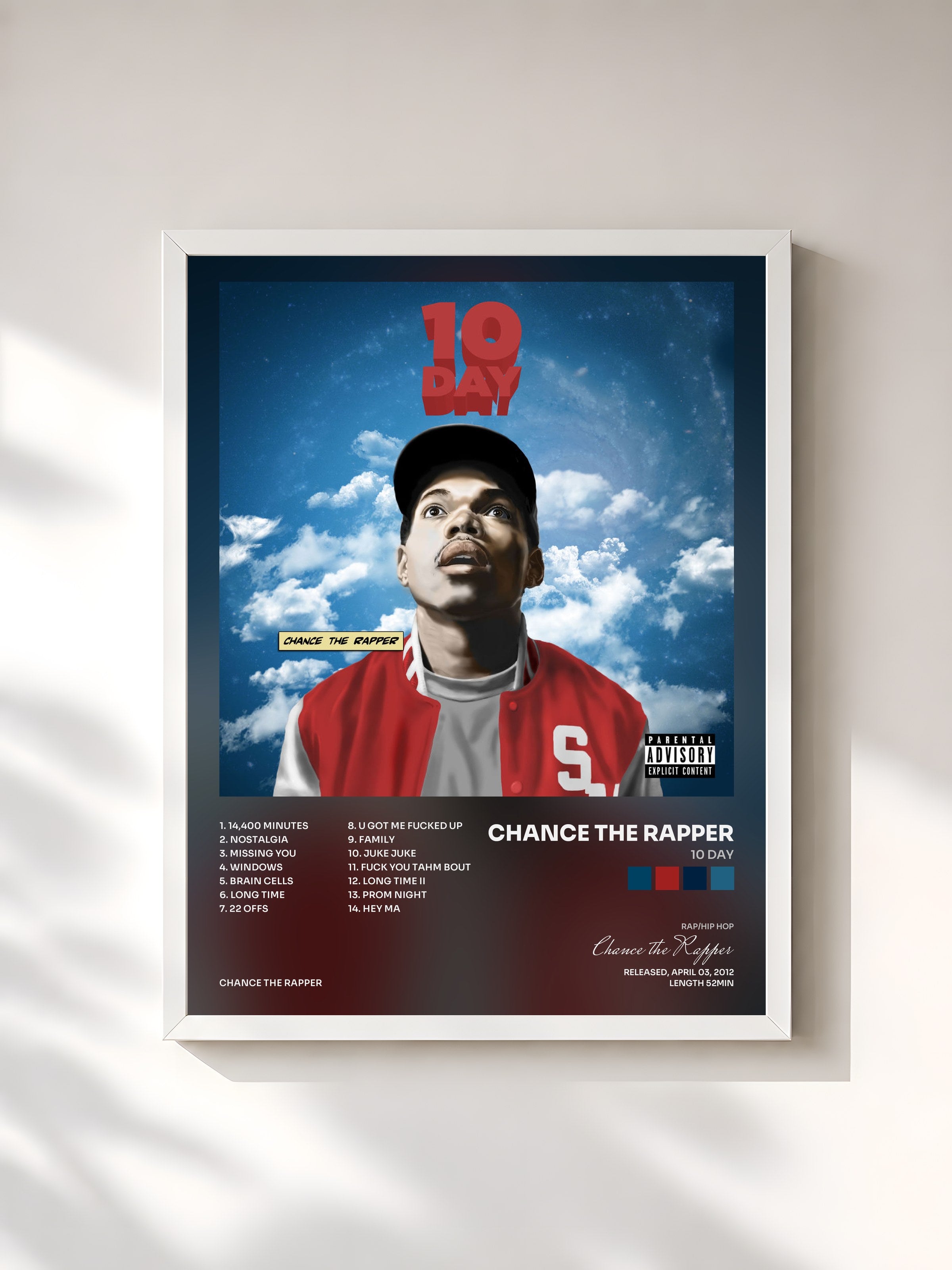 #blanc Tableau de l'album 10 Day de Chance the Rapper, cadre blanc, imprimé et encadré en France