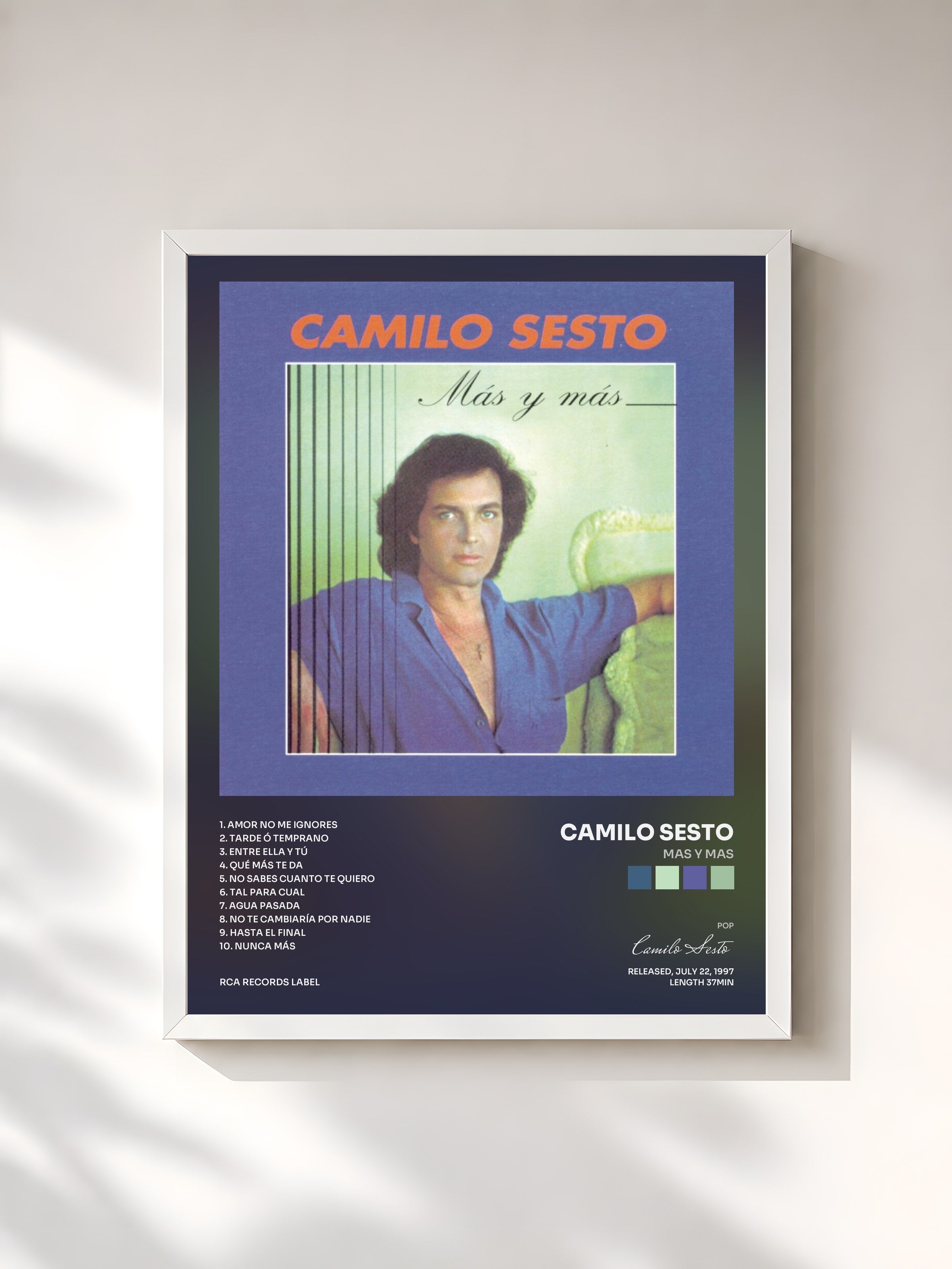 #blanc Tableau de l'album Mas Y Mas de Camilo Sesto, cadre blanc, imprimé et encadré en France