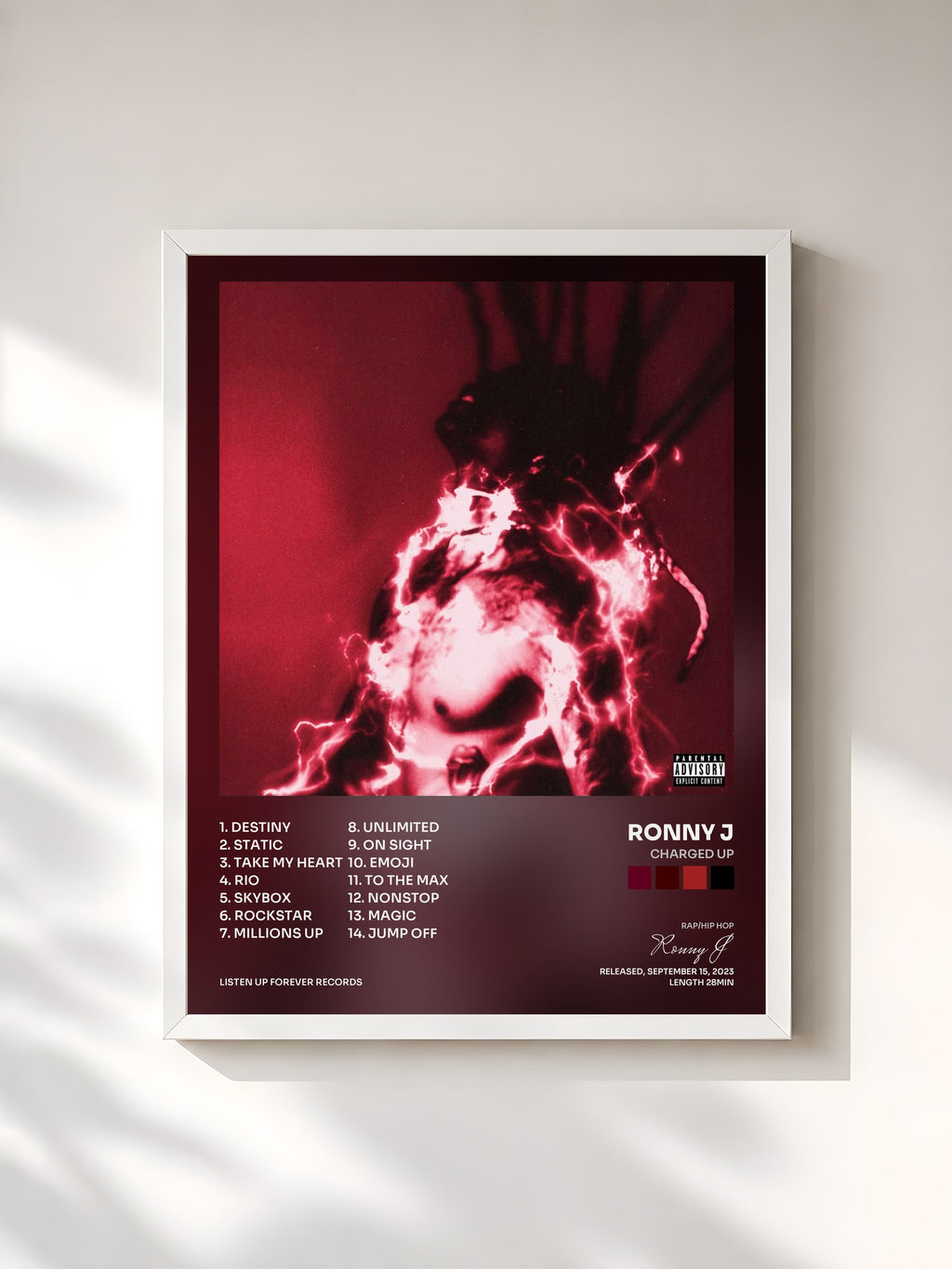 #blanc Tableau de l'album CHARGED UP de Ronny J, cadre blanc, imprimé et encadré en France