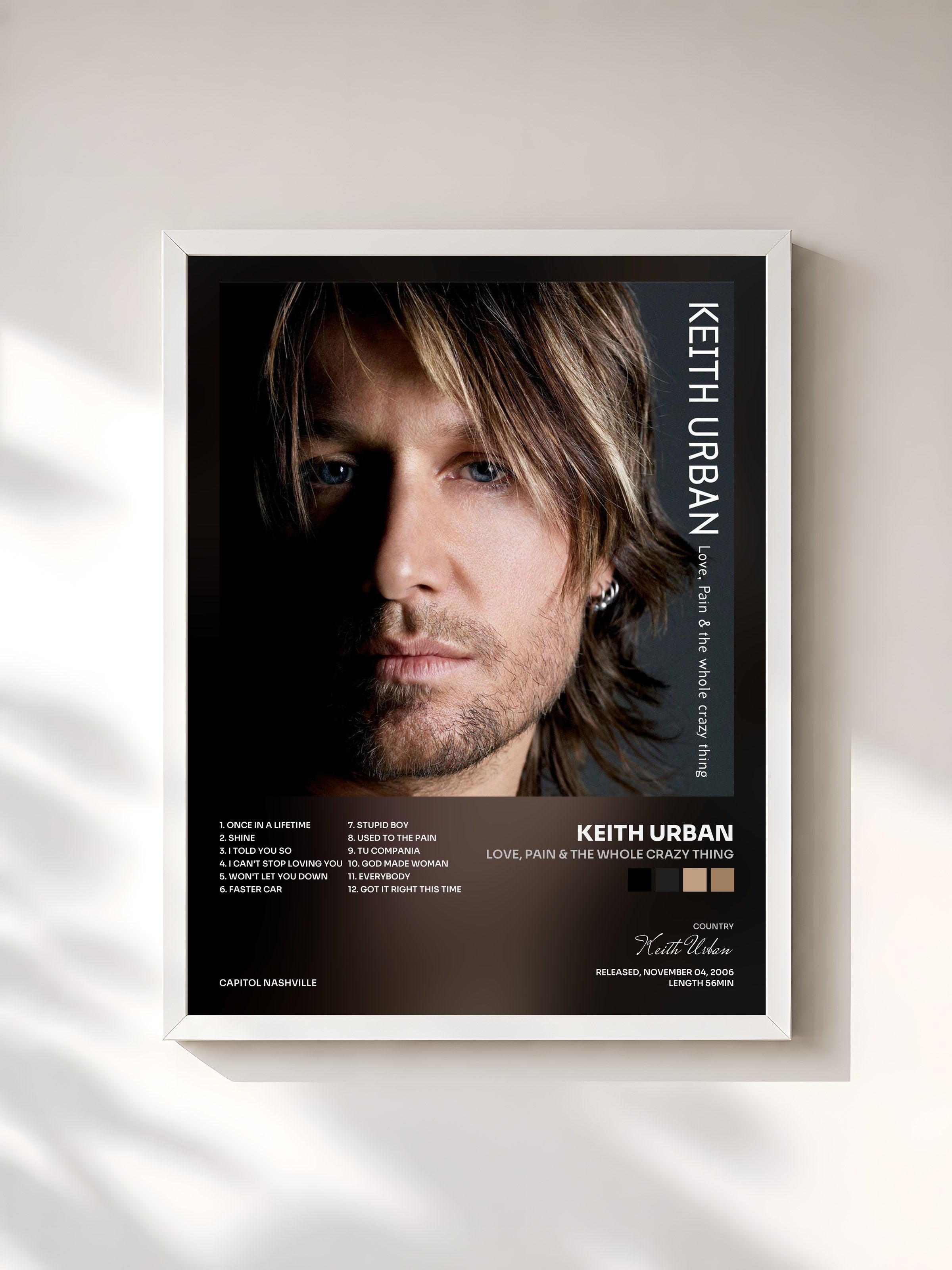 #blanc Tableau de l'album Love, Pain & The Whole Crazy Thing de Keith Urban, cadre blanc, imprimé et encadré en France
