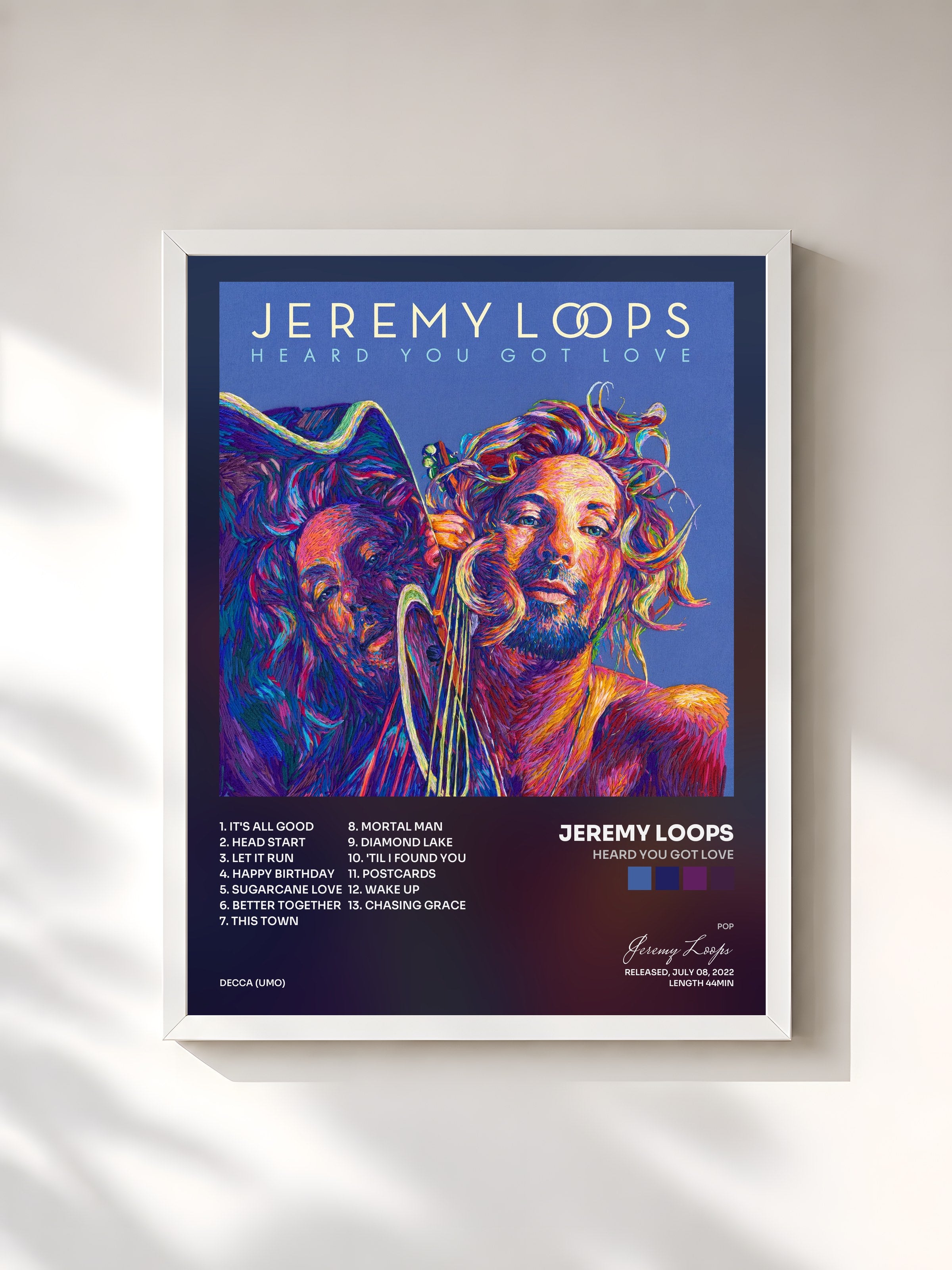 #blanc Tableau de l'album Heard You Got Love de Jeremy Loops, cadre blanc, imprimé et encadré en France