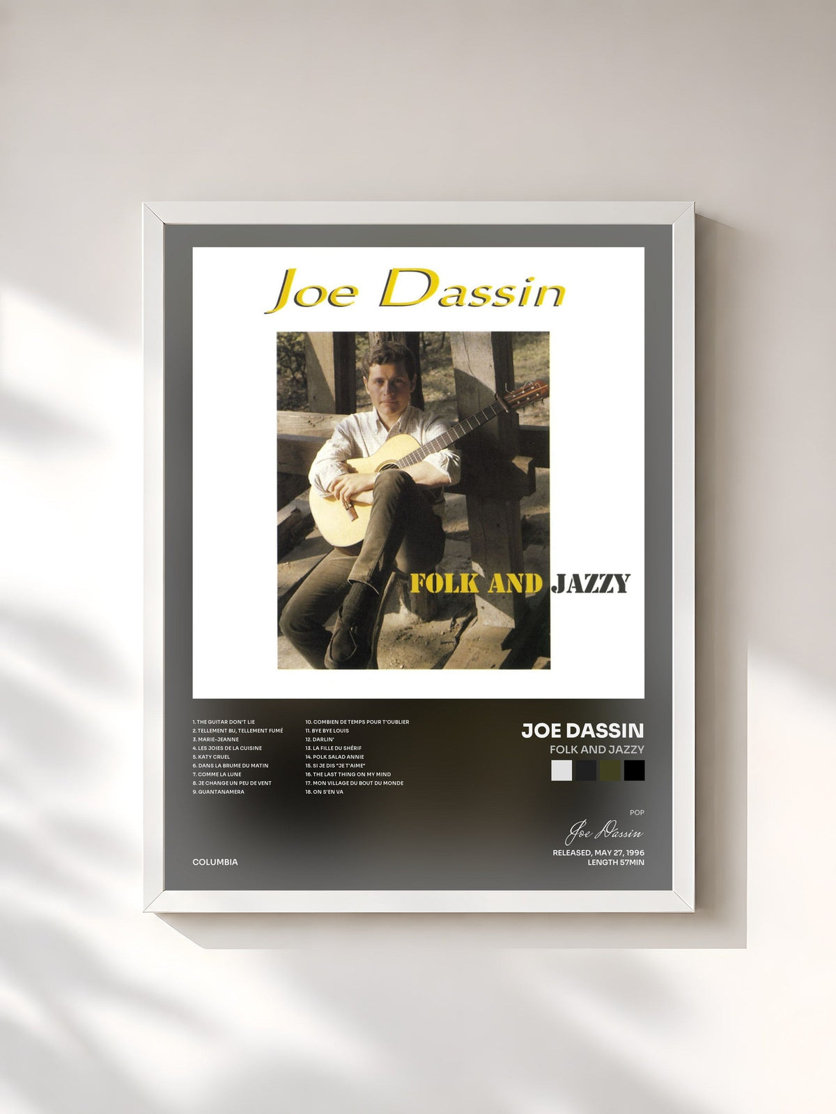 #blanc Tableau de l'album Folk And Jazzy de Joe Dassin, cadre blanc, imprimé et encadré en France