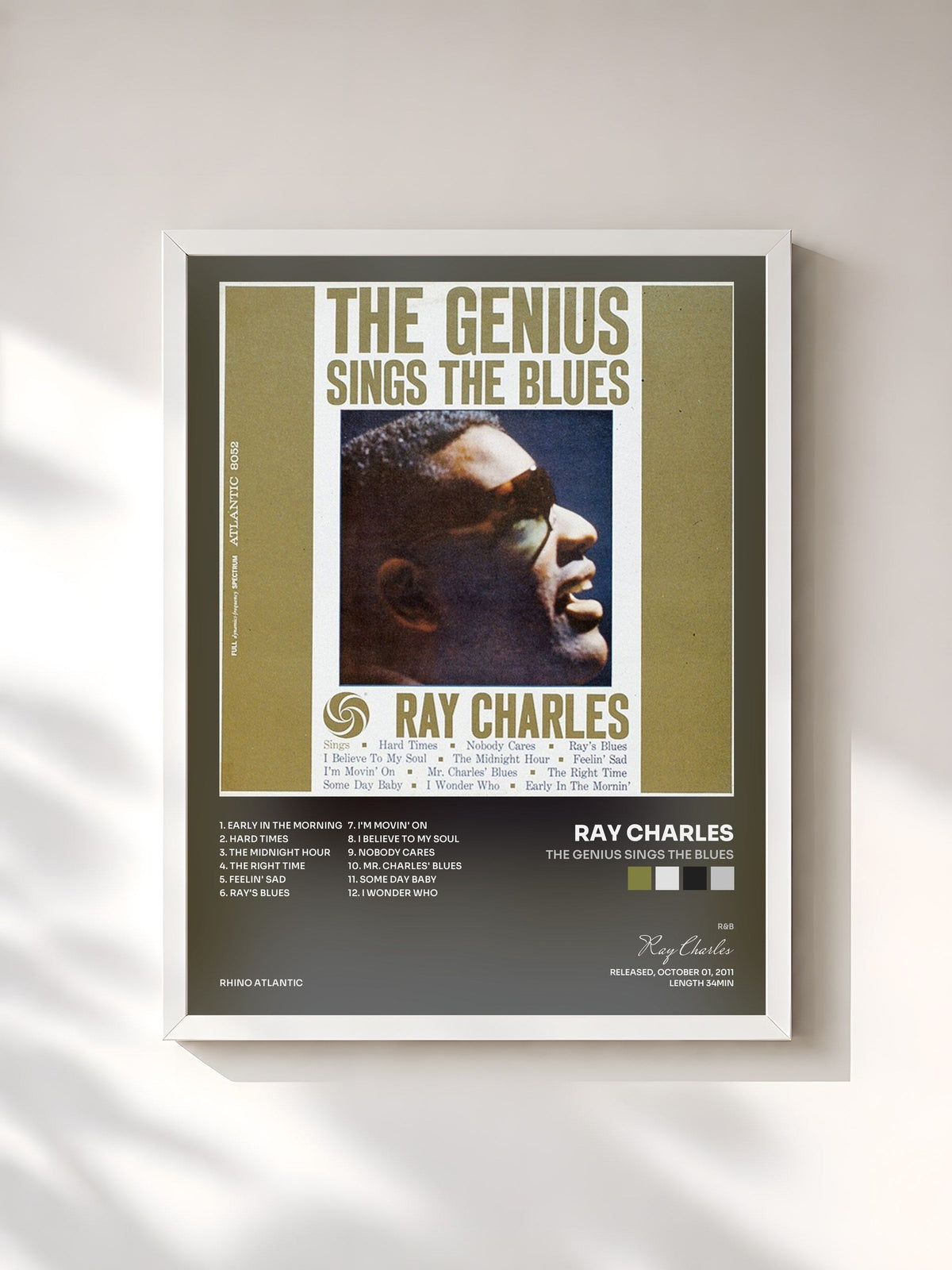 #blanc Tableau de l'album The Genius Sings the Blues de Ray Charles, cadre blanc, imprimé et encadré en France