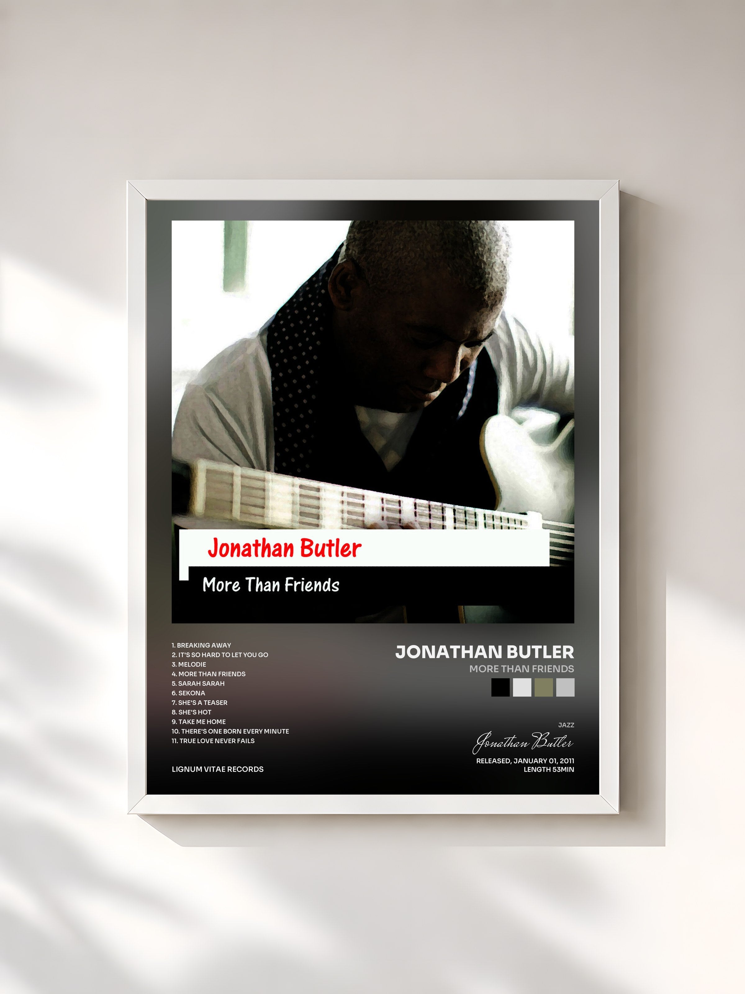 #blanc Tableau de l'album More Than Friends de Jonathan Butler, cadre blanc, imprimé et encadré en France