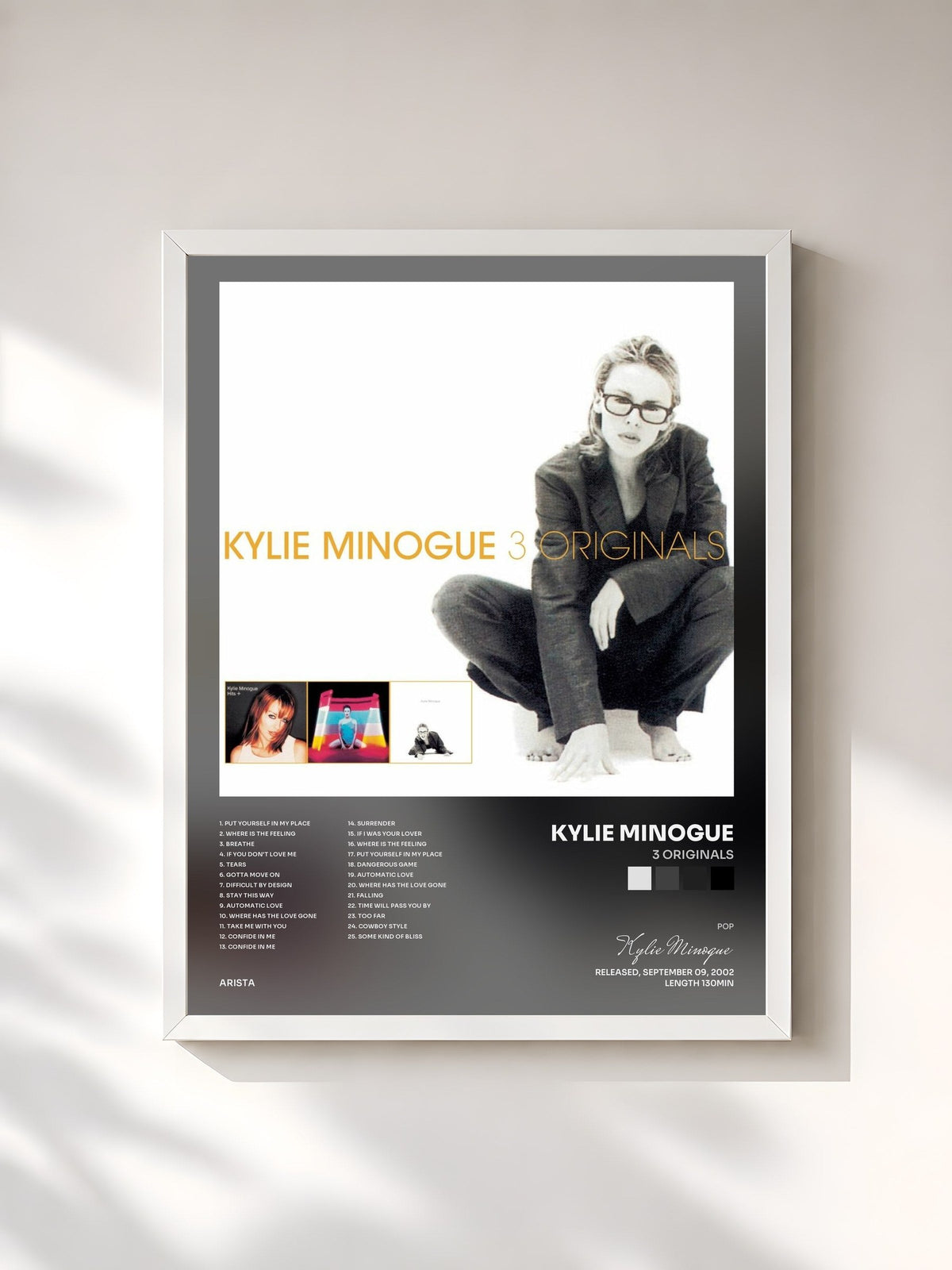 #blanc Tableau de l'album 3 Originals de Kylie Minogue, cadre blanc, imprimé et encadré en France