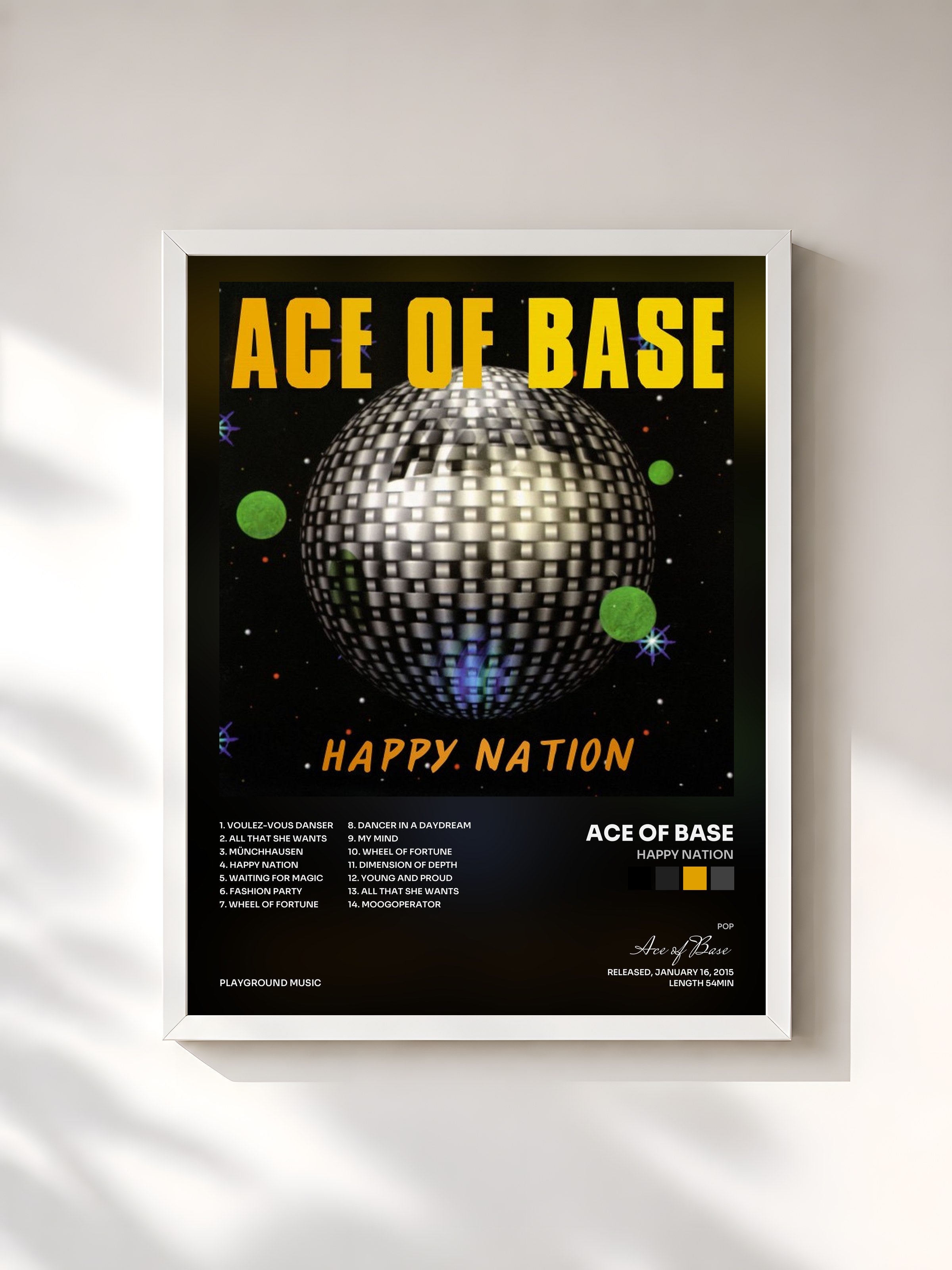 #blanc Tableau de l'album Happy Nation de Ace of Base, cadre blanc, imprimé et encadré en France