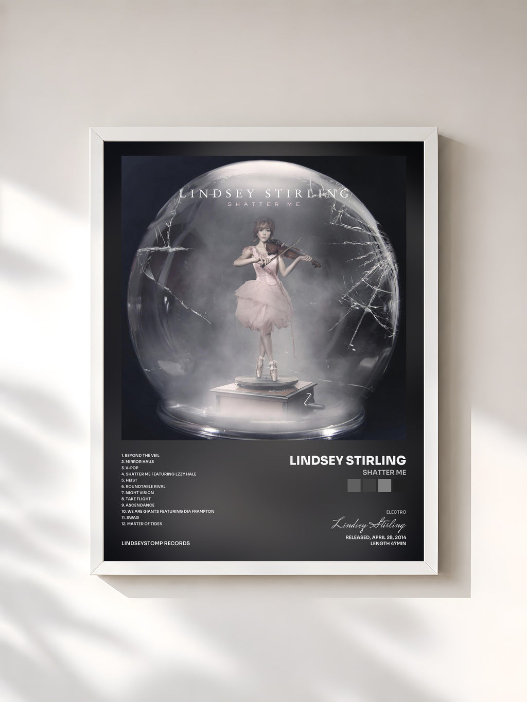#blanc Tableau de l'album Shatter Me de Lindsey Stirling, cadre blanc, imprimé et encadré en France