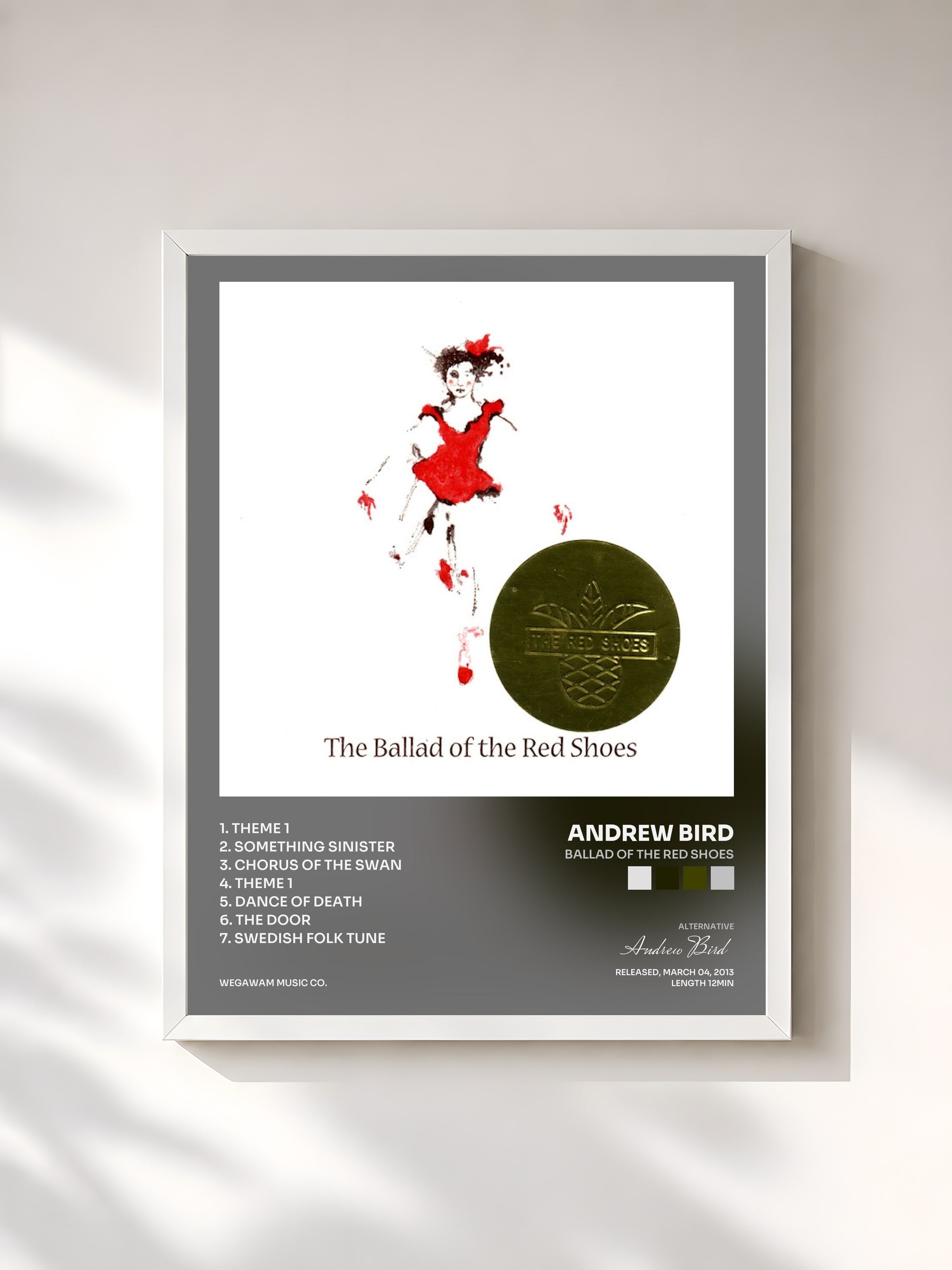 #blanc Tableau de l'album Ballad of the Red Shoes de Andrew Bird, cadre blanc, imprimé et encadré en France