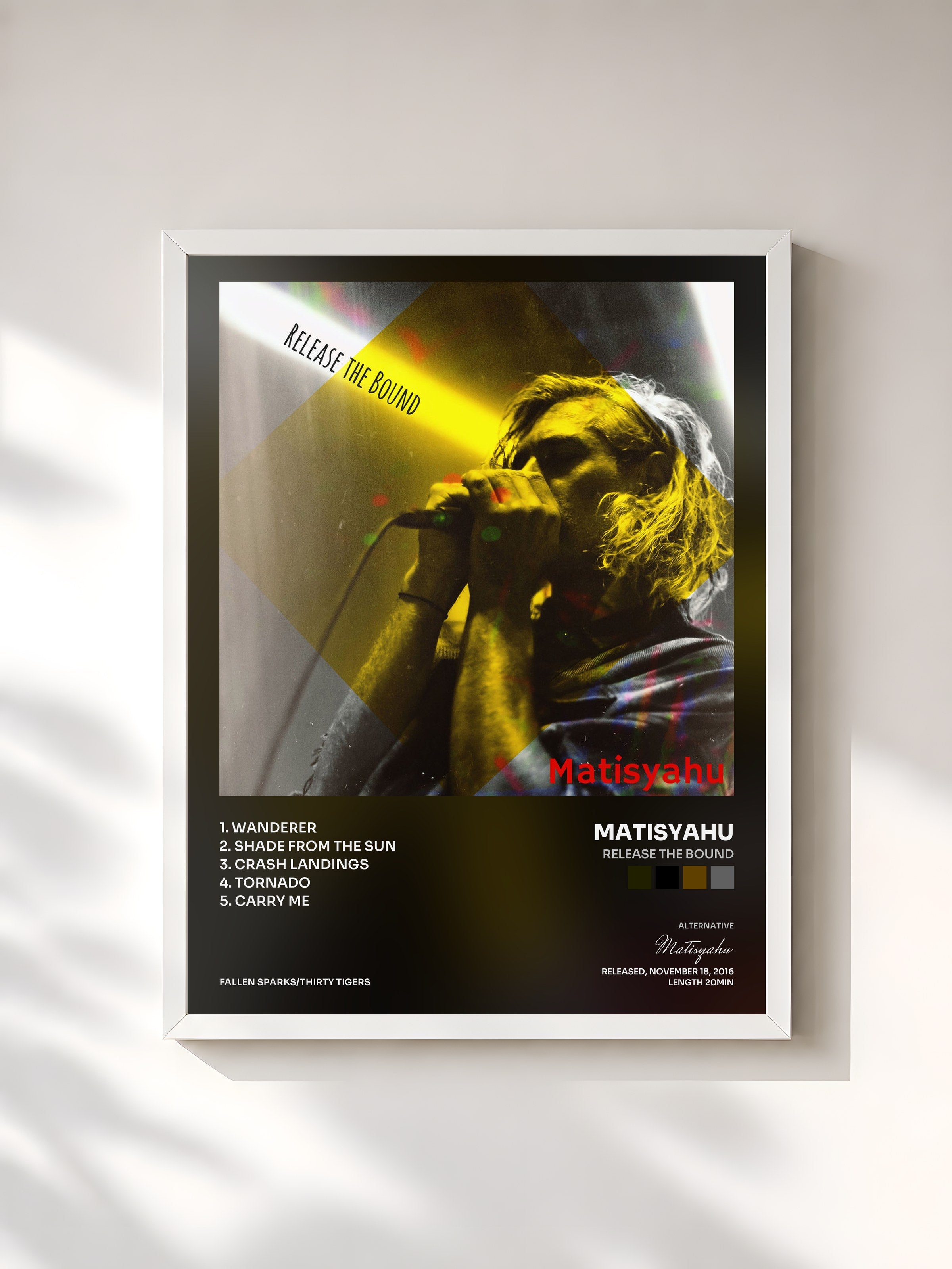 #blanc Tableau de l'album Release the Bound de Matisyahu, cadre blanc, imprimé et encadré en France