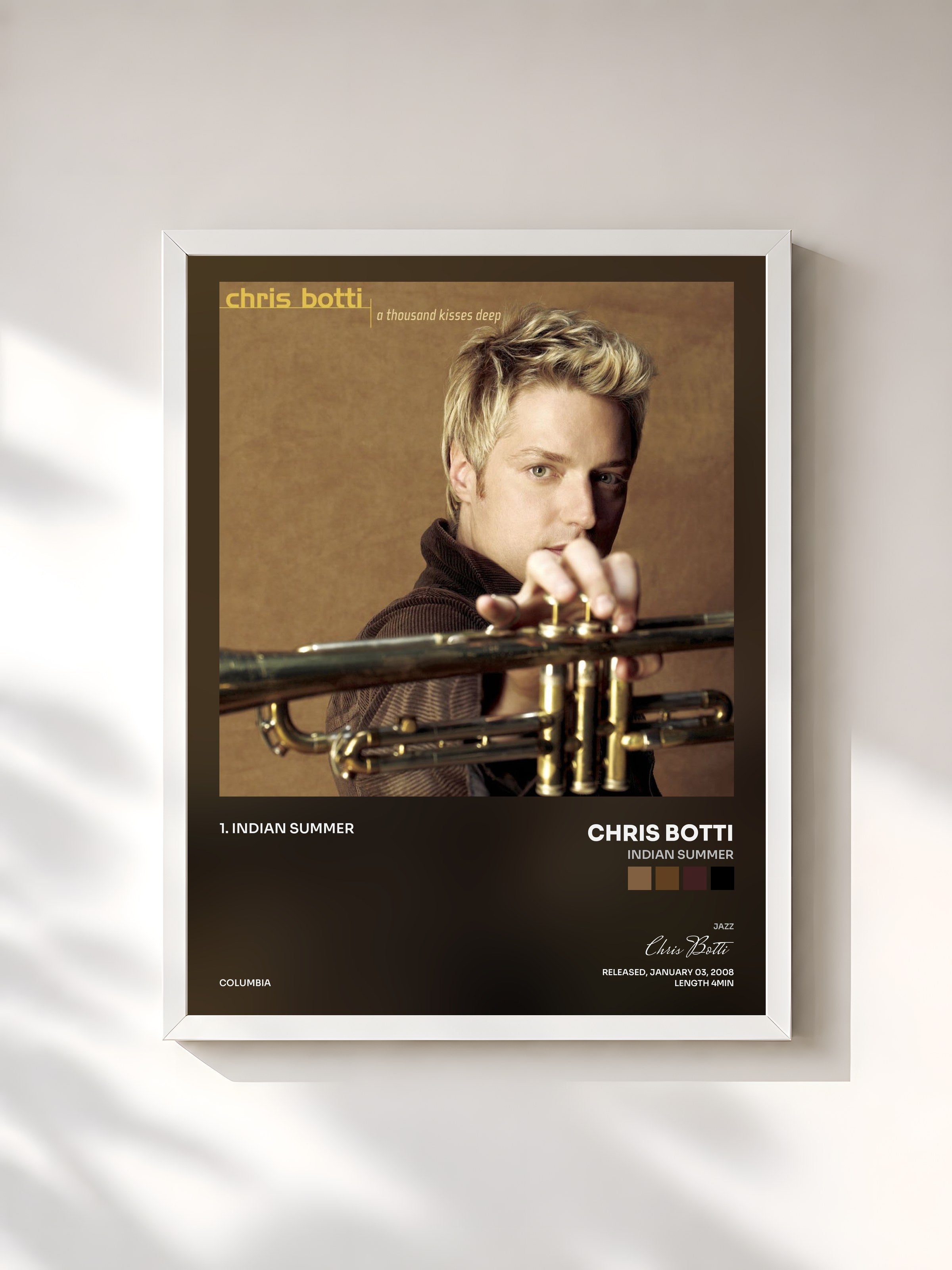 #blanc Tableau de l'album Indian Summer de Chris Botti, cadre blanc, imprimé et encadré en France