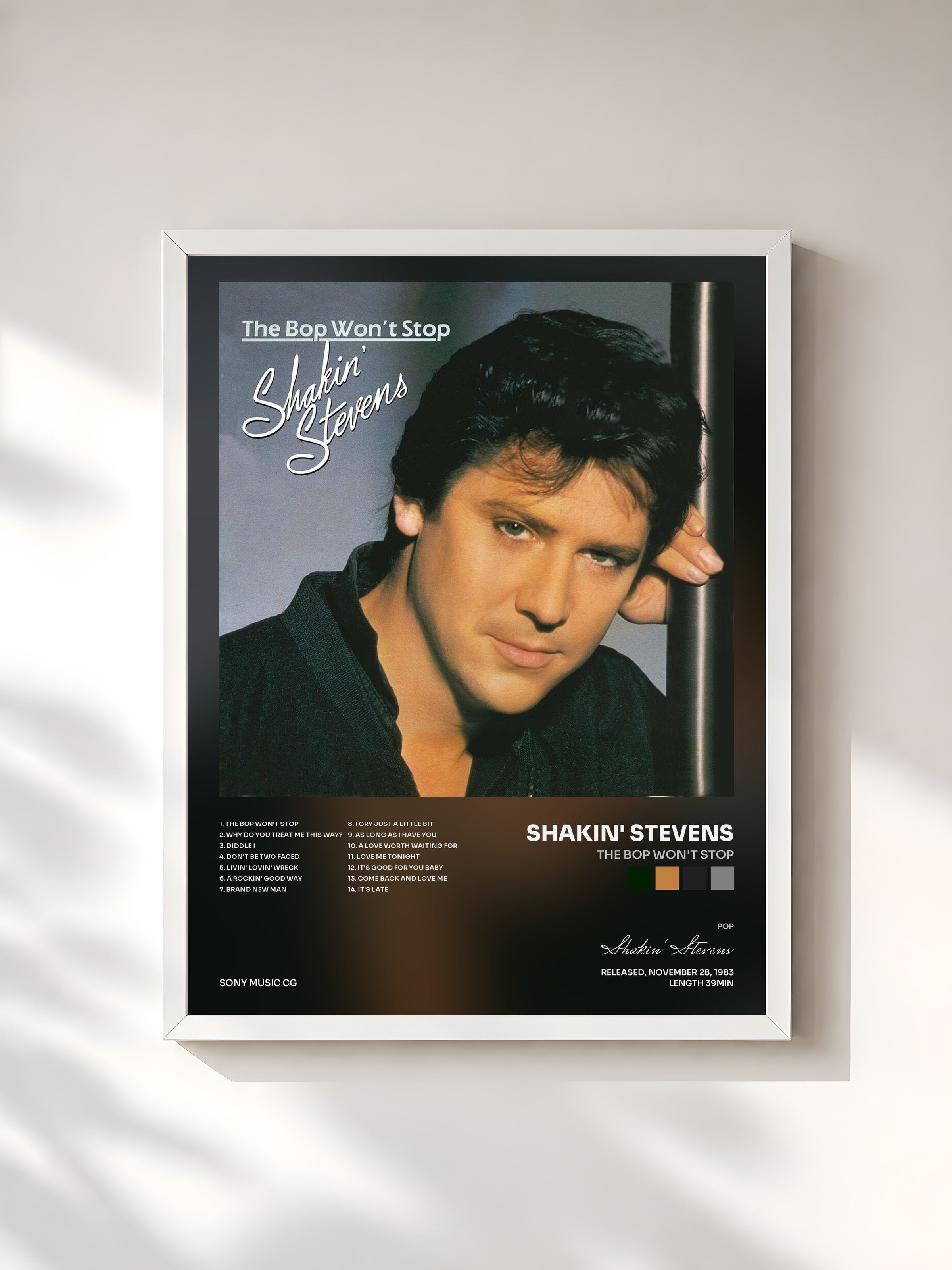 #blanc Tableau de l'album The Bop Won't Stop de Shakin' Stevens, cadre blanc, imprimé et encadré en France