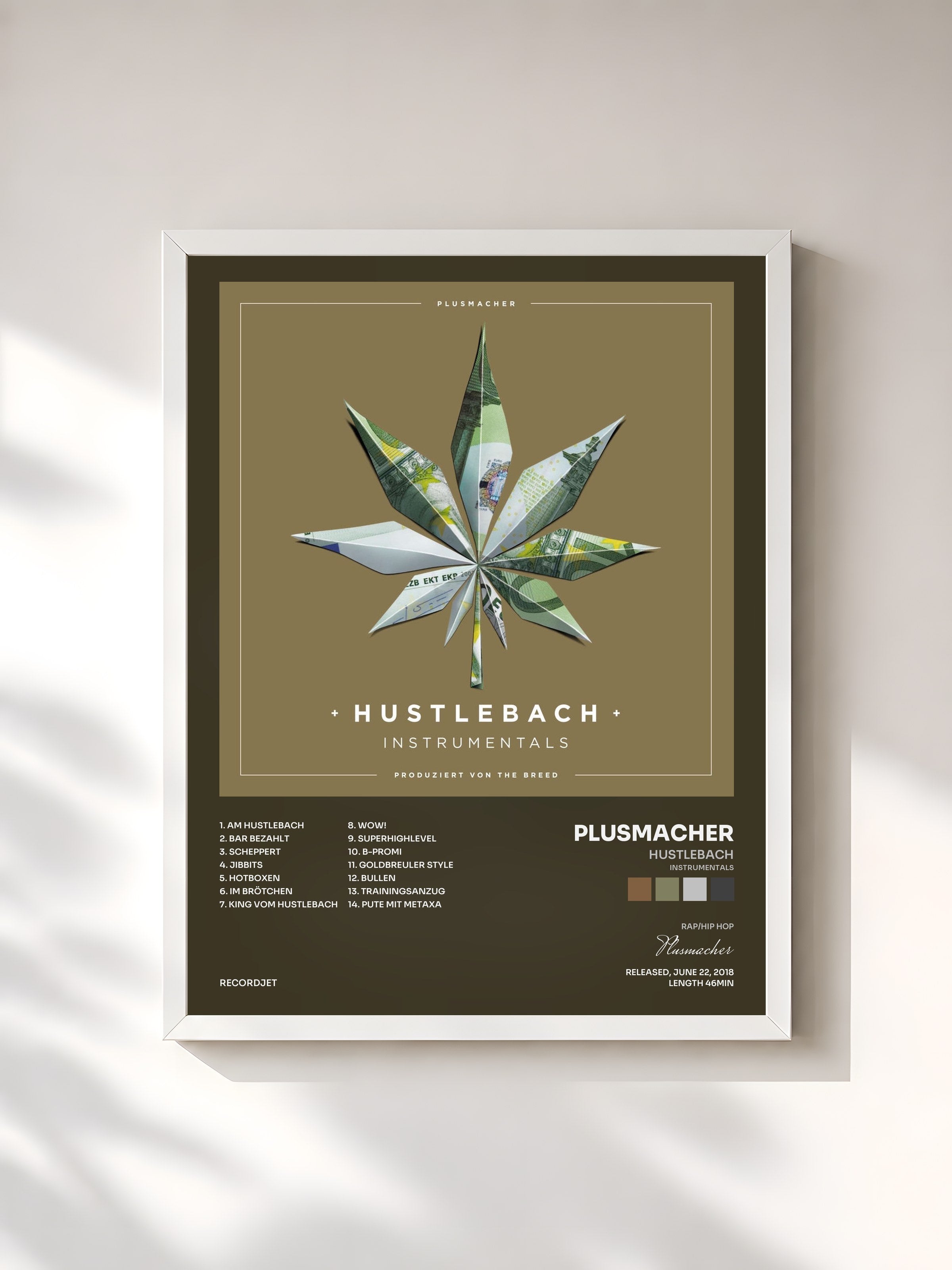 #blanc Tableau de l'album Hustlebach (Instrumentals) de Plusmacher, cadre blanc, imprimé et encadré en France