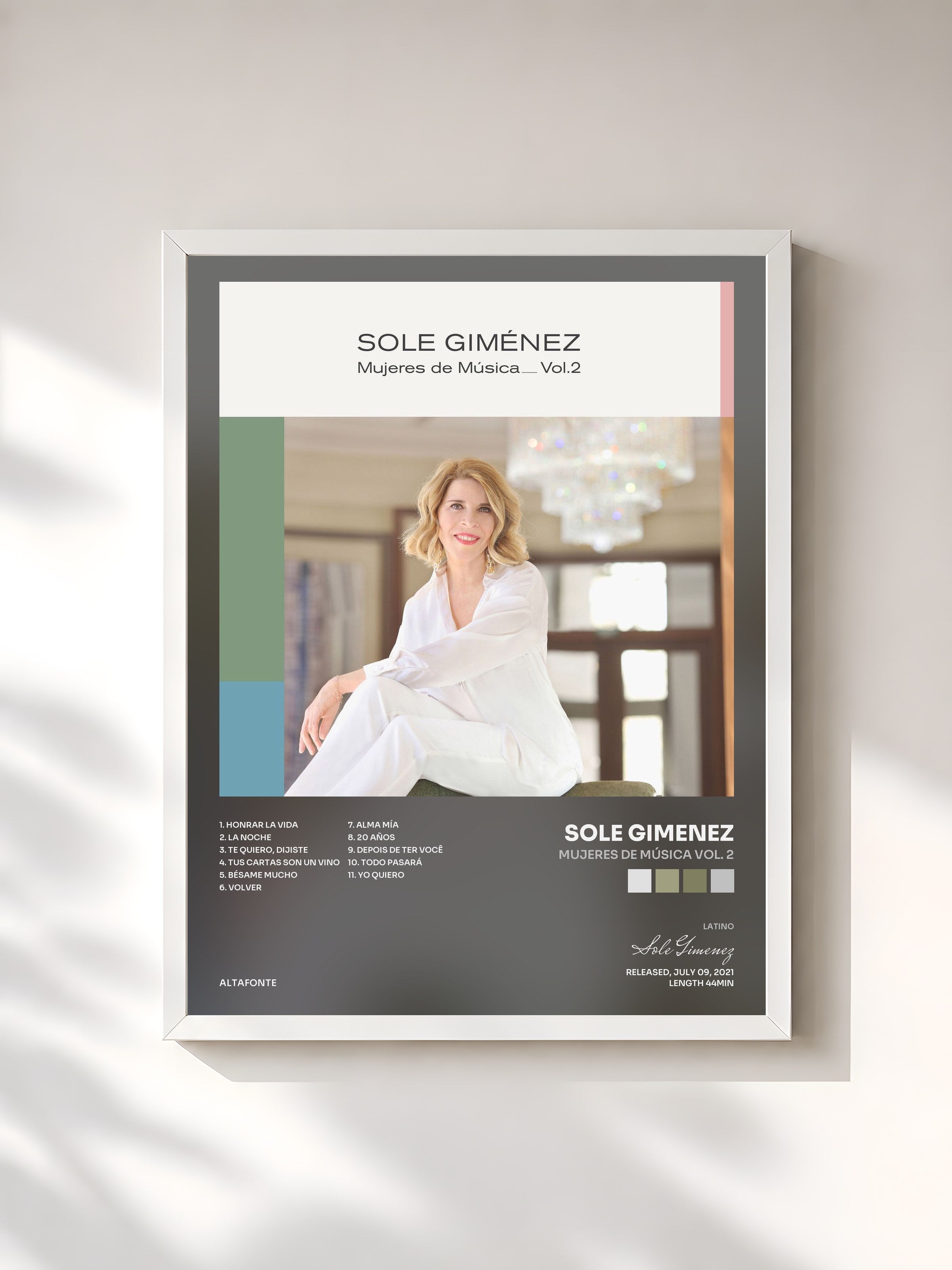 #blanc Tableau de l'album Mujeres de Música Vol. 2 de Sole Gimenez, cadre blanc, imprimé et encadré en France