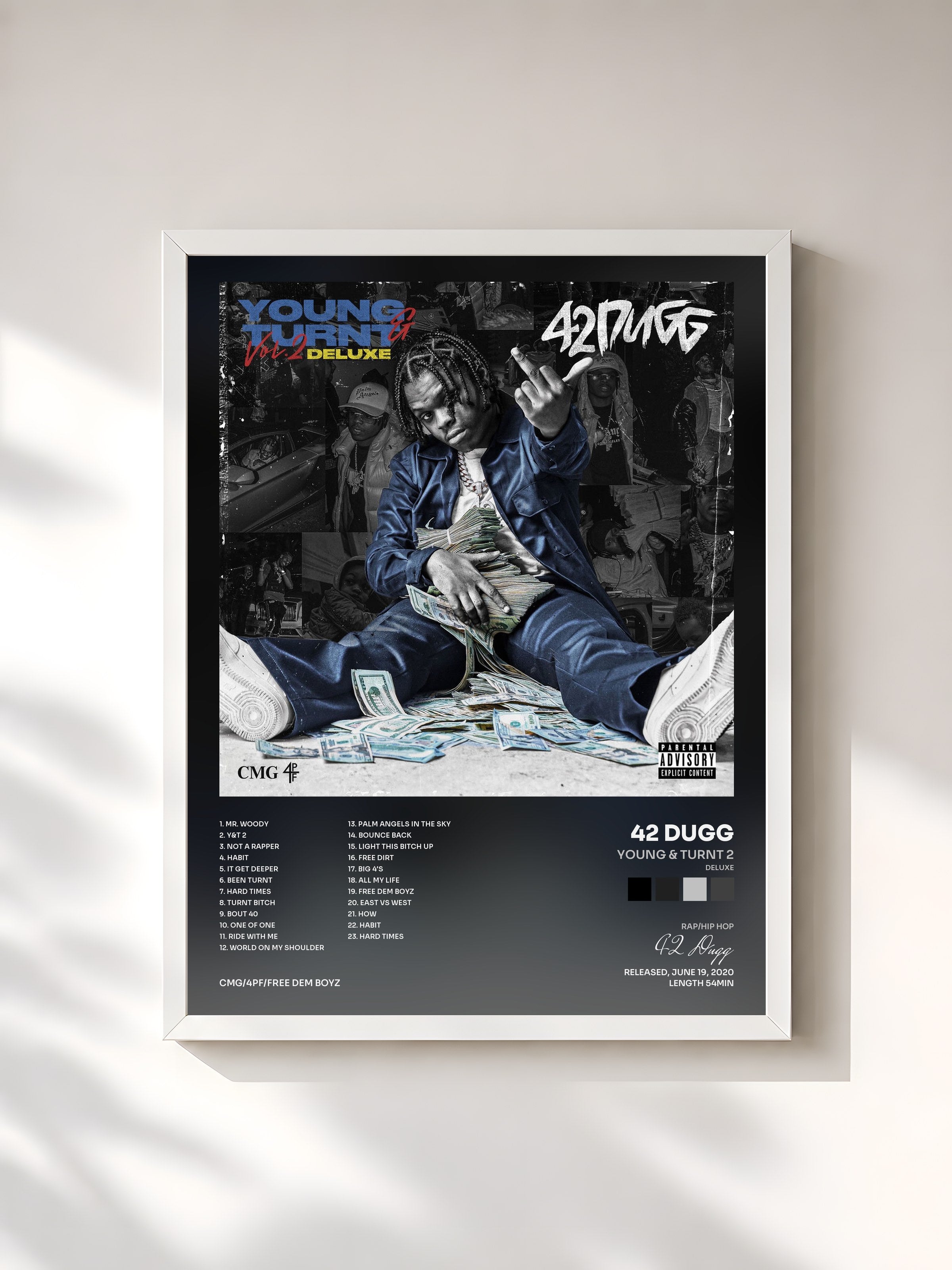 #blanc Tableau de l'album Young & Turnt 2 (Deluxe) de 42 Dugg, cadre blanc, imprimé et encadré en France
