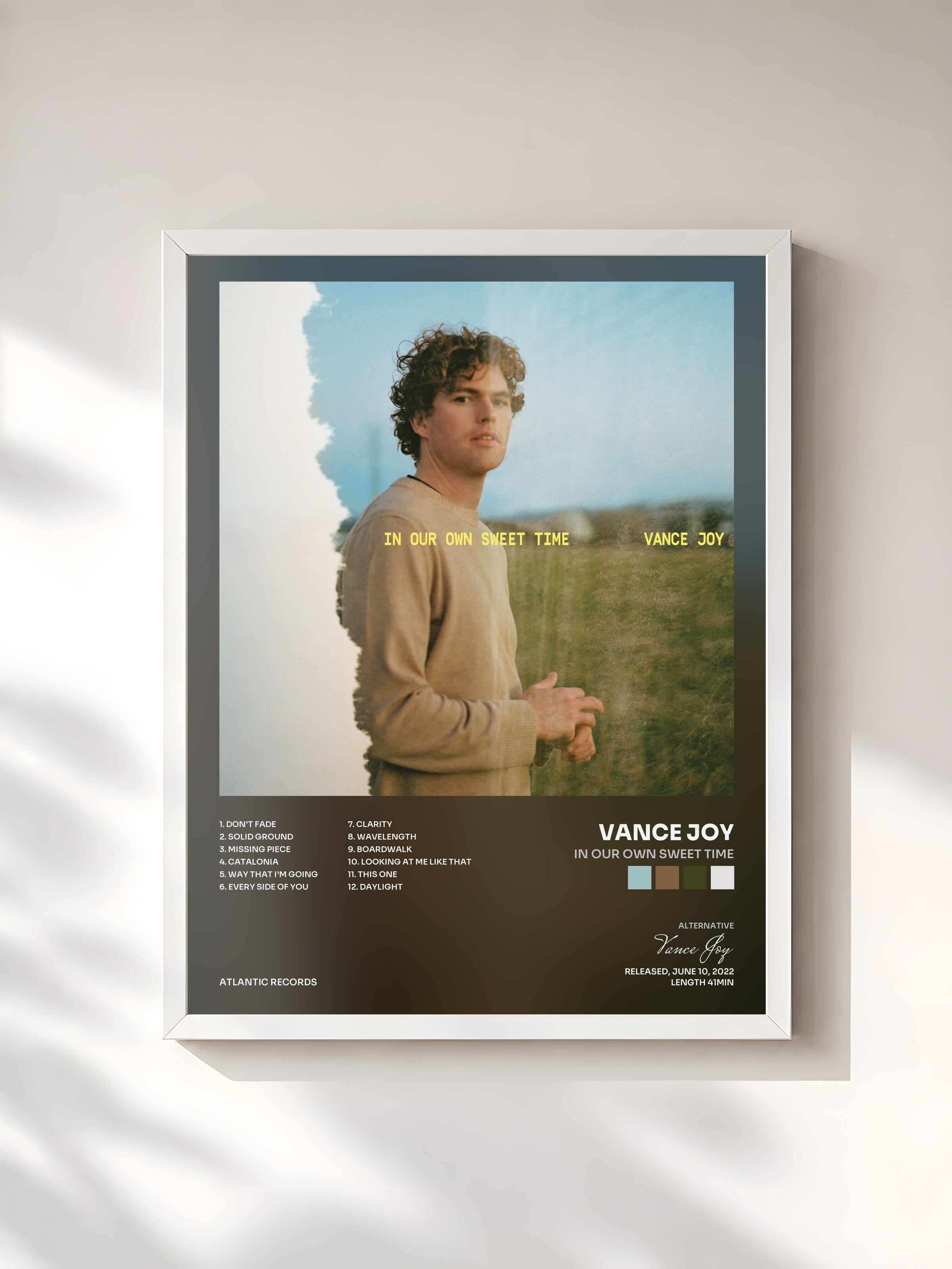 #blanc Tableau de l'album In Our Own Sweet Time de Vance Joy, cadre blanc, imprimé et encadré en France