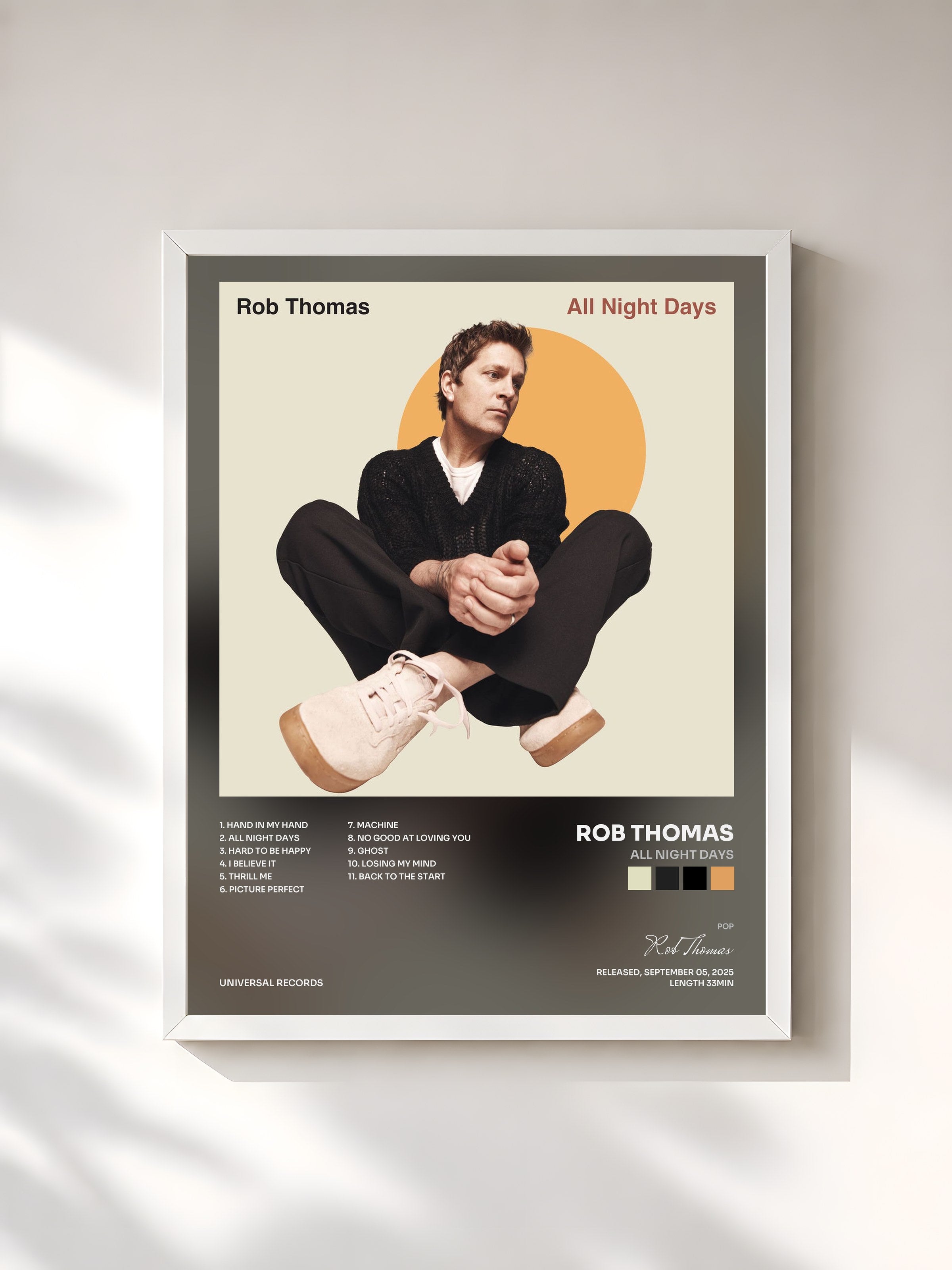 #blanc Tableau de l'album All Night Days de Rob Thomas, cadre blanc, imprimé et encadré en France