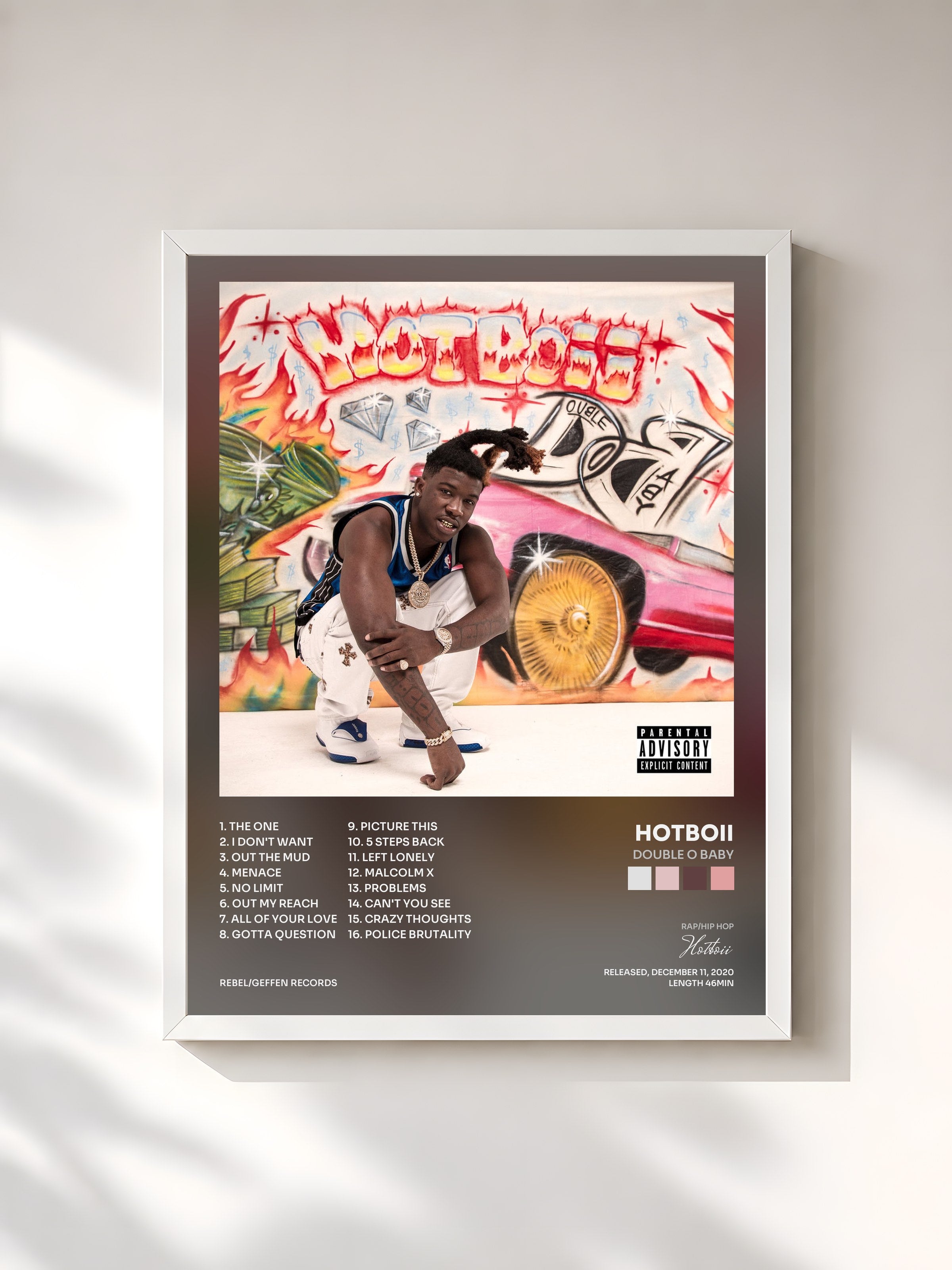 #blanc Tableau de l'album Double O Baby de Hotboii, cadre blanc, imprimé et encadré en France