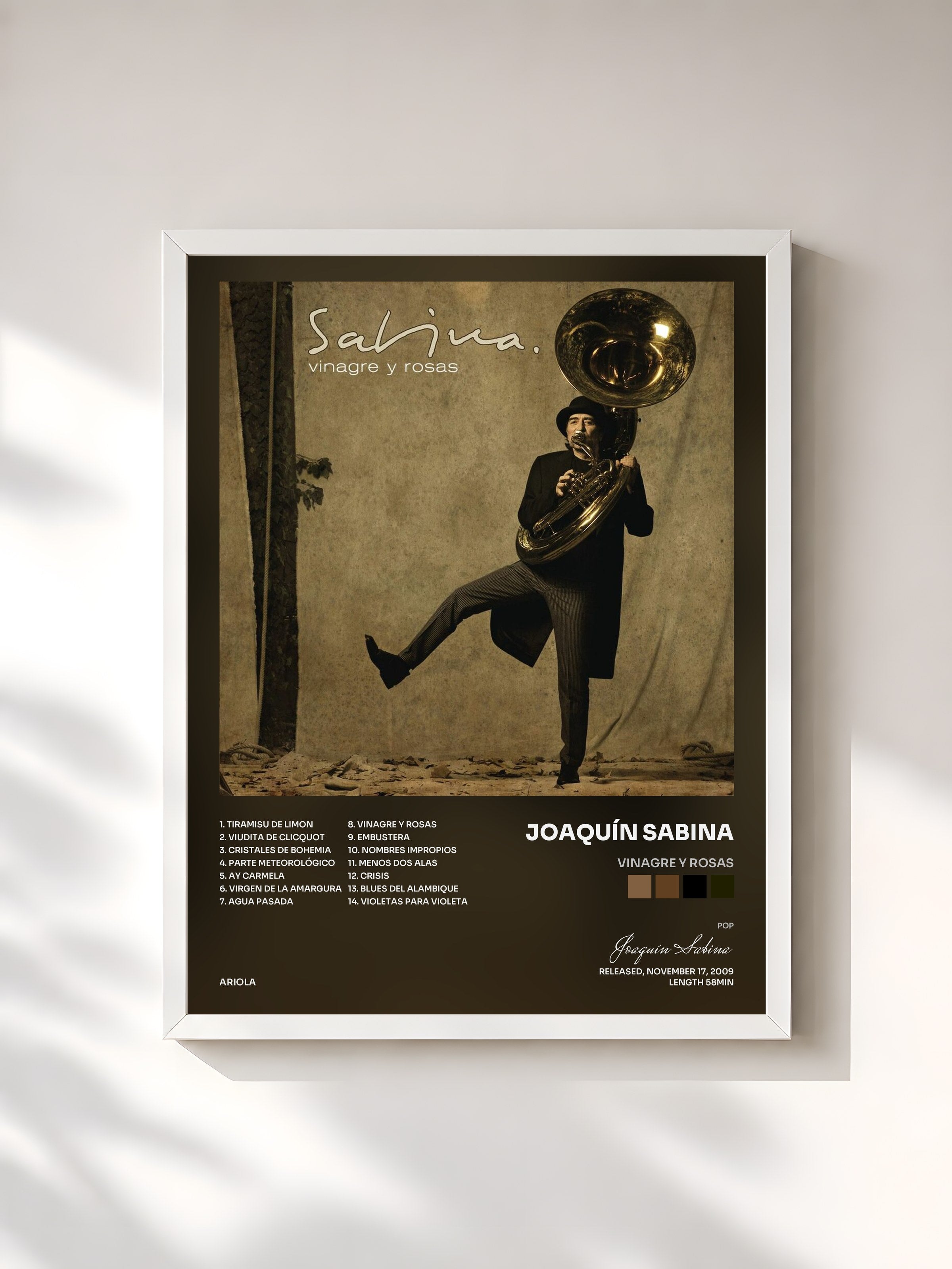 #blanc Tableau de l'album Vinagre Y Rosas de Joaquín Sabina, cadre blanc, imprimé et encadré en France