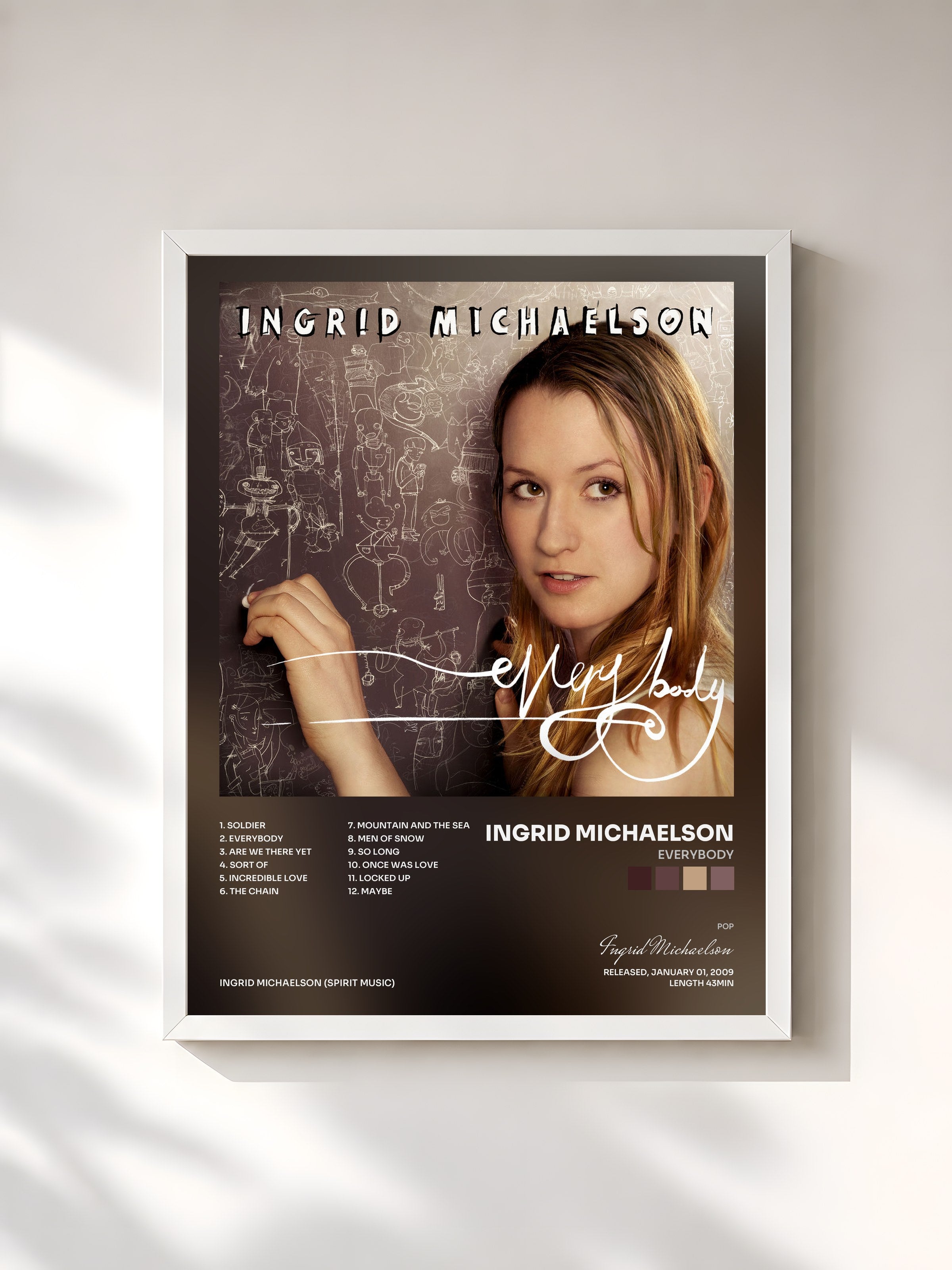 #blanc Tableau de l'album Everybody de Ingrid Michaelson, cadre blanc, imprimé et encadré en France