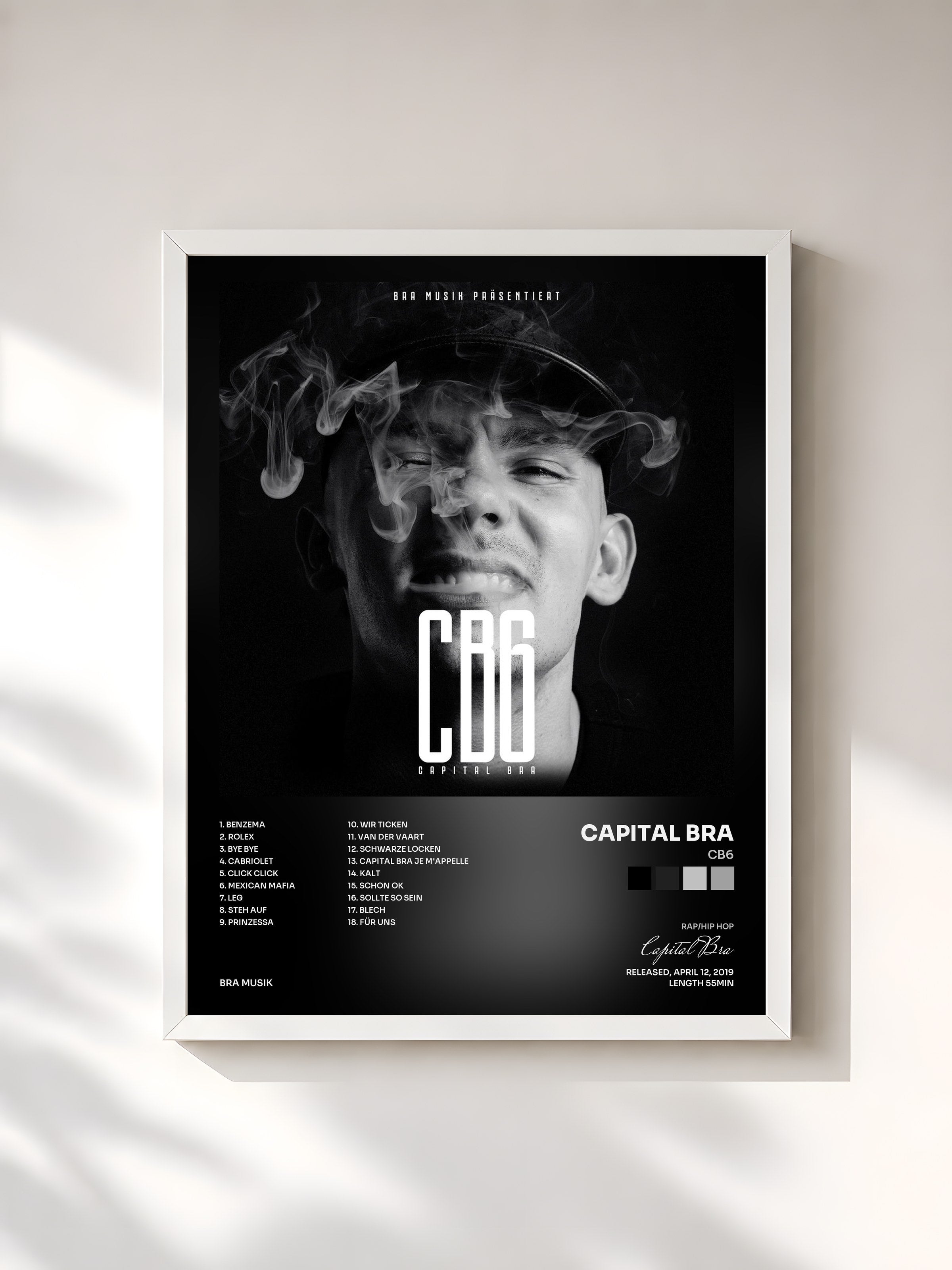 #blanc Tableau de l'album CB6 de Capital Bra, cadre blanc, imprimé et encadré en France