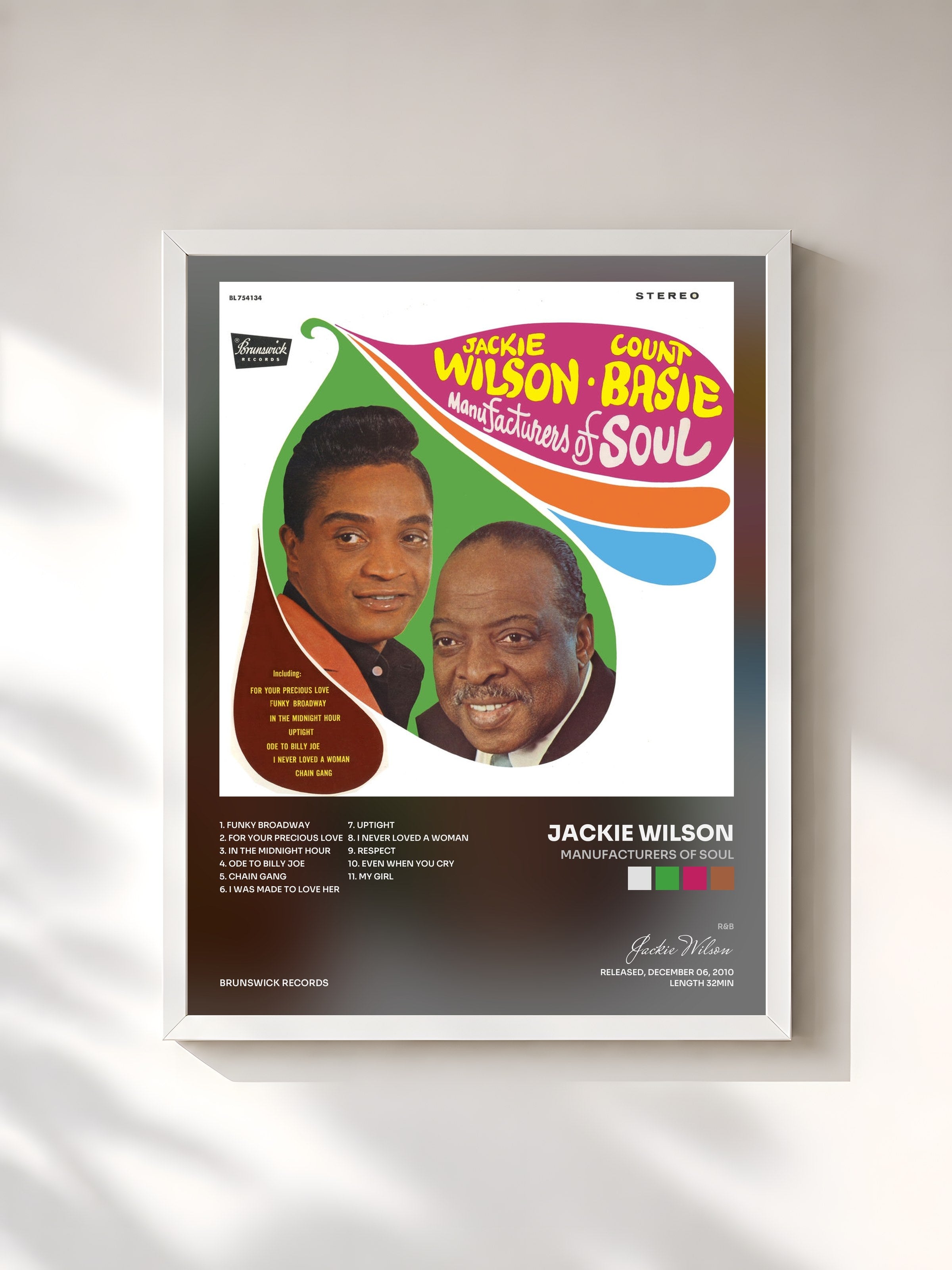 #blanc Tableau de l'album Manufacturers Of Soul de Jackie Wilson, cadre blanc, imprimé et encadré en France