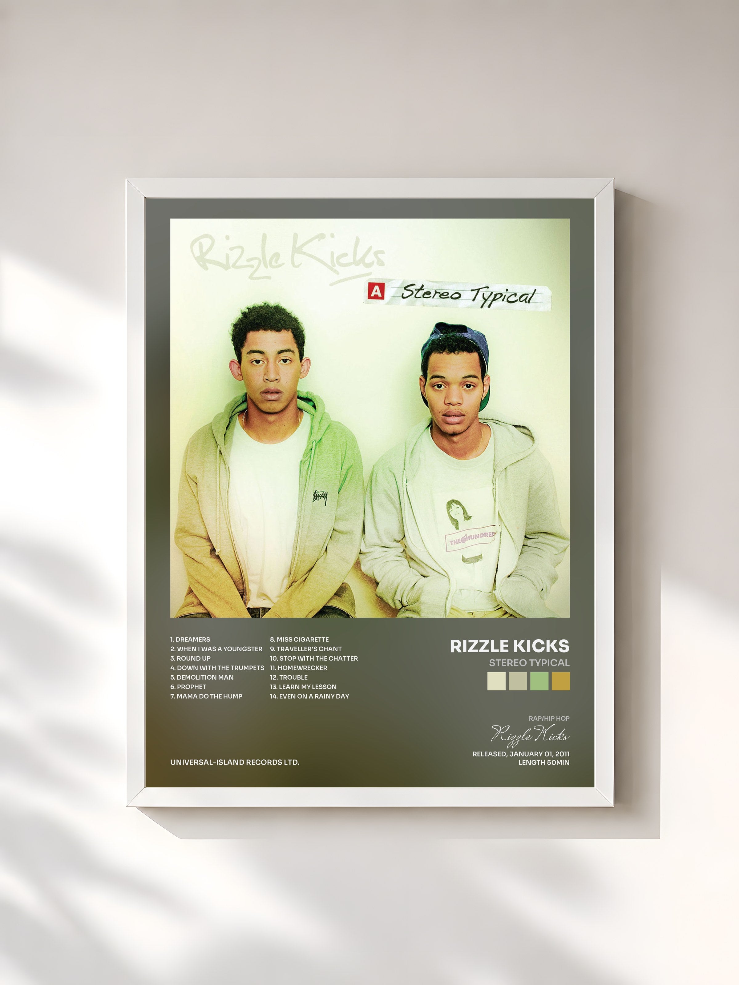 #blanc Tableau de l'album Stereo Typical de Rizzle Kicks, cadre blanc, imprimé et encadré en France