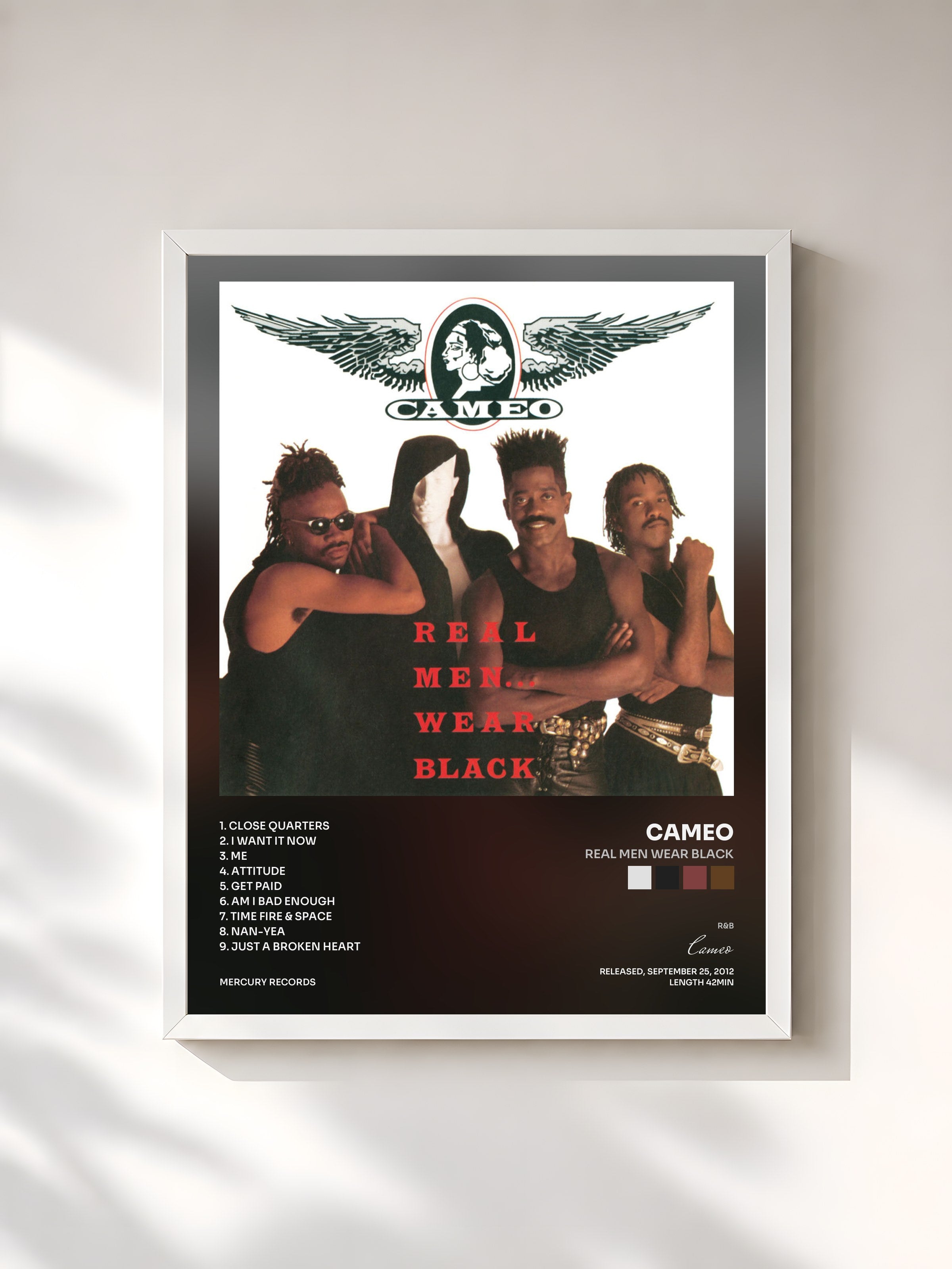 #blanc Tableau de l'album Real Men Wear Black de Cameo, cadre blanc, imprimé et encadré en France