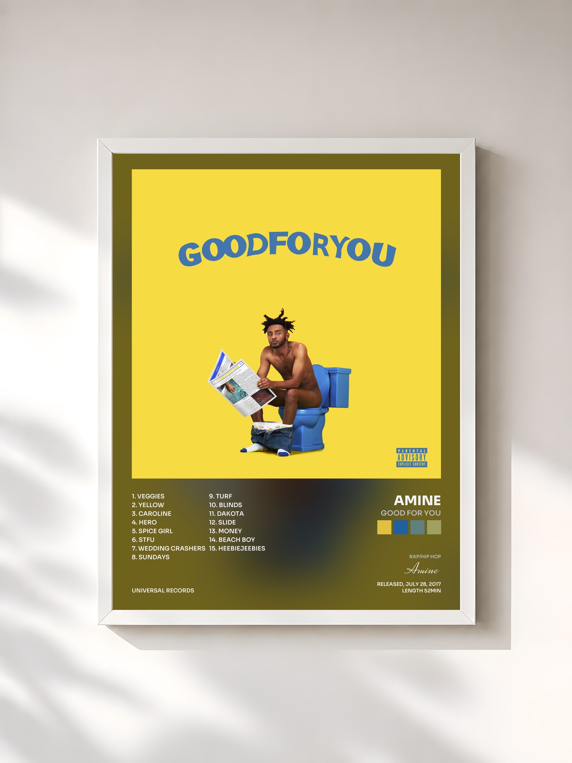 #blanc Tableau de l'album Good For You de Amine, cadre blanc, imprimé et encadré en France