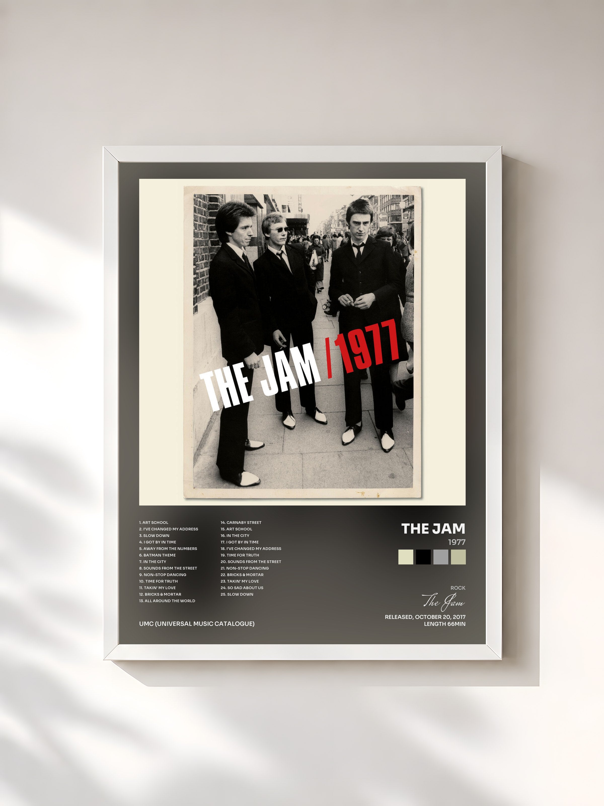 #blanc Tableau de l'album 1977 de The Jam, cadre blanc, imprimé et encadré en France