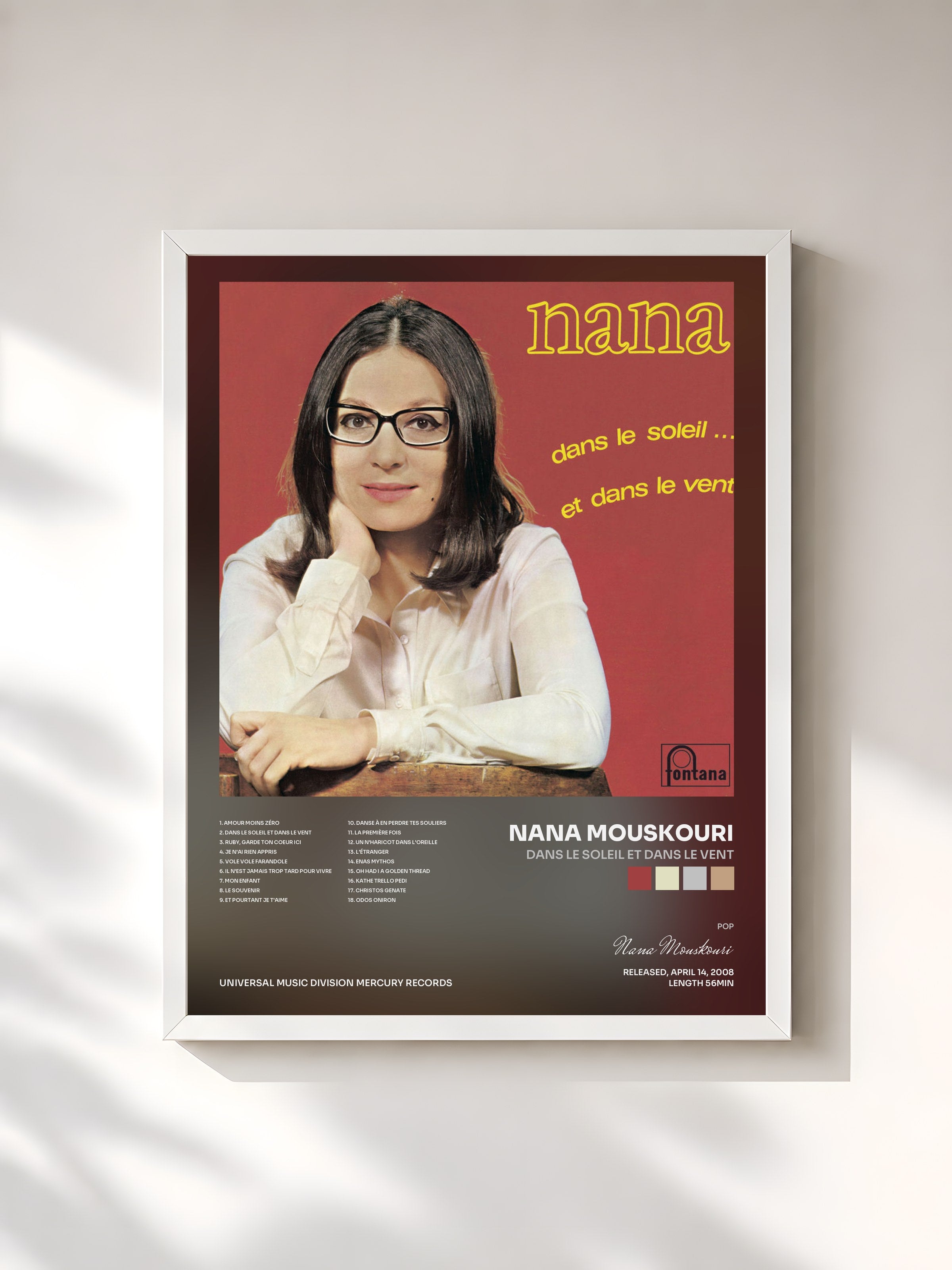 #blanc Tableau de l'album Dans Le Soleil Et Dans Le Vent de Nana Mouskouri, cadre blanc, imprimé et encadré en France