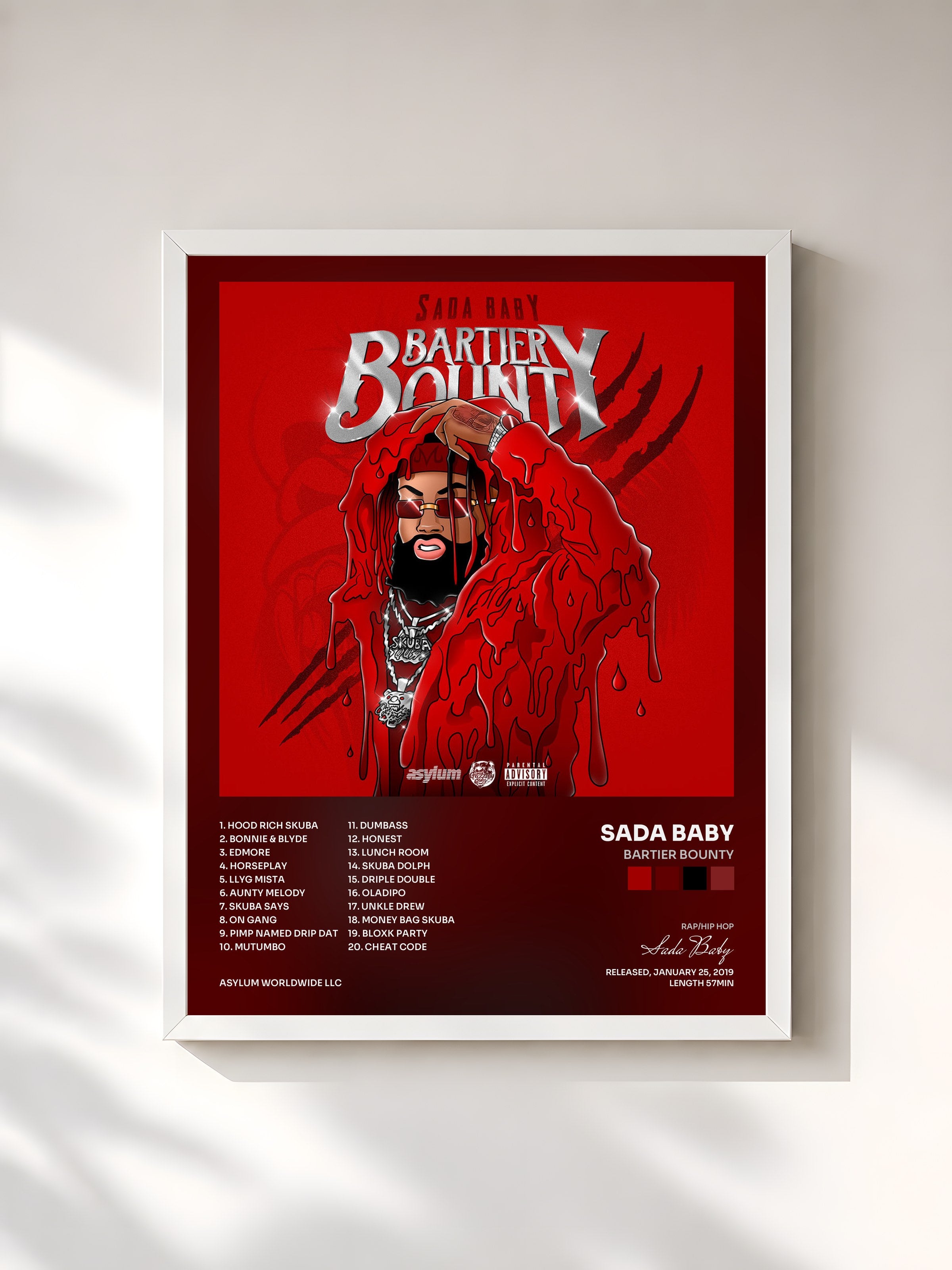 #blanc Tableau de l'album Bartier Bounty de Sada Baby, cadre blanc, imprimé et encadré en France