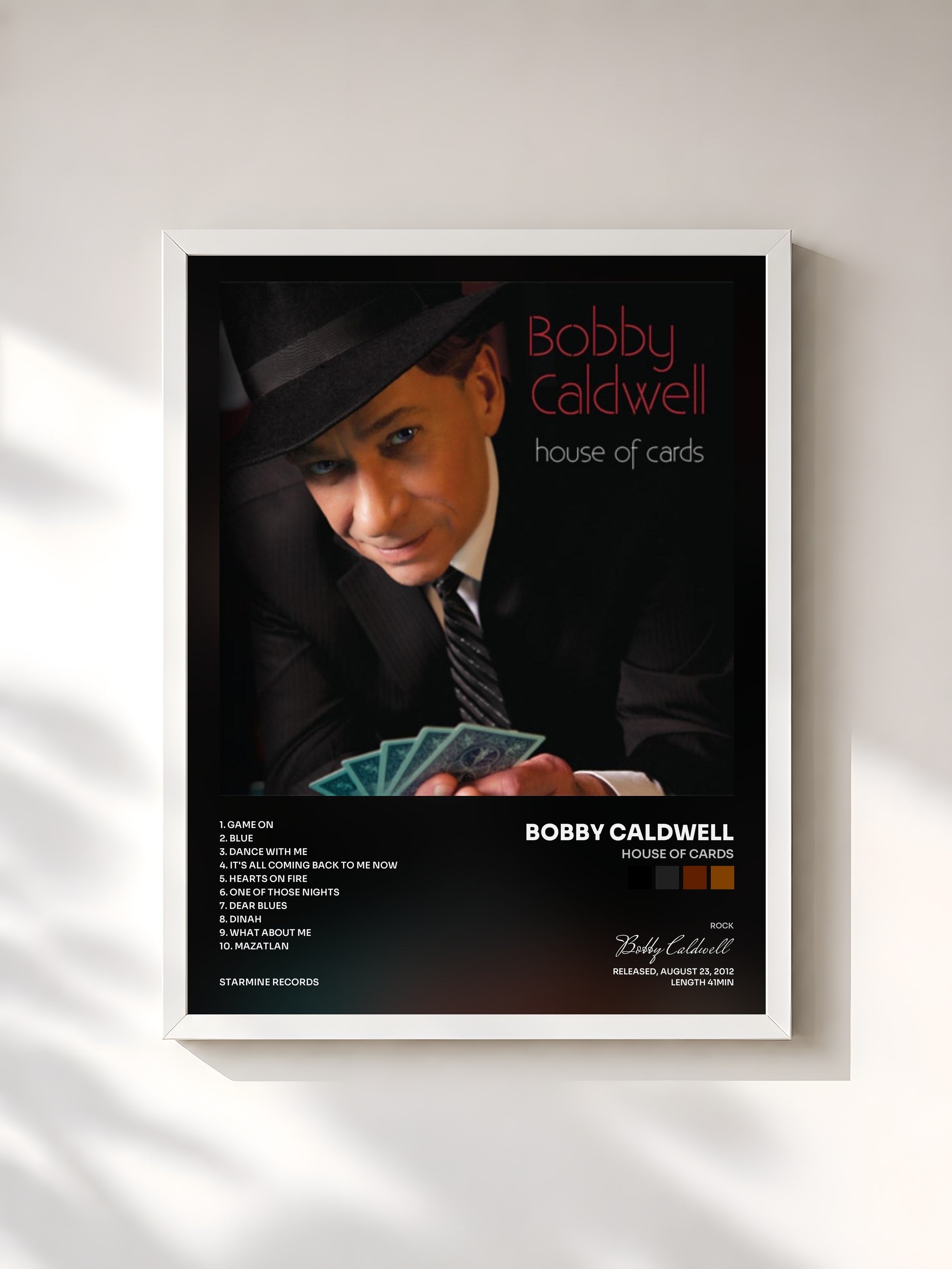 #blanc Tableau de l'album House of Cards de Bobby Caldwell, cadre blanc, imprimé et encadré en France