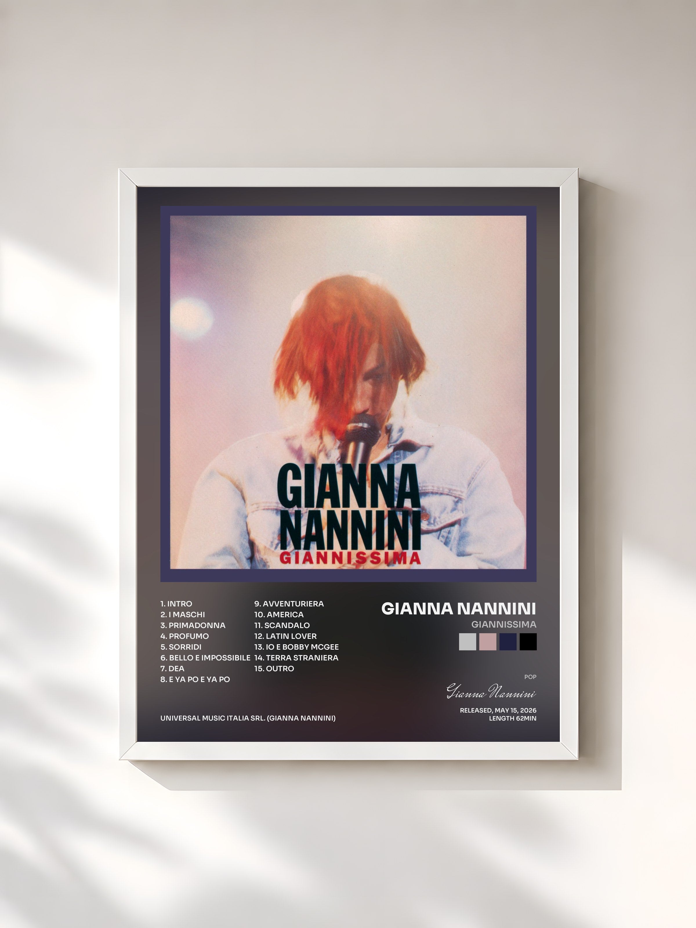 #blanc Tableau de l'album Giannissima de Gianna Nannini, cadre blanc, imprimé et encadré en France