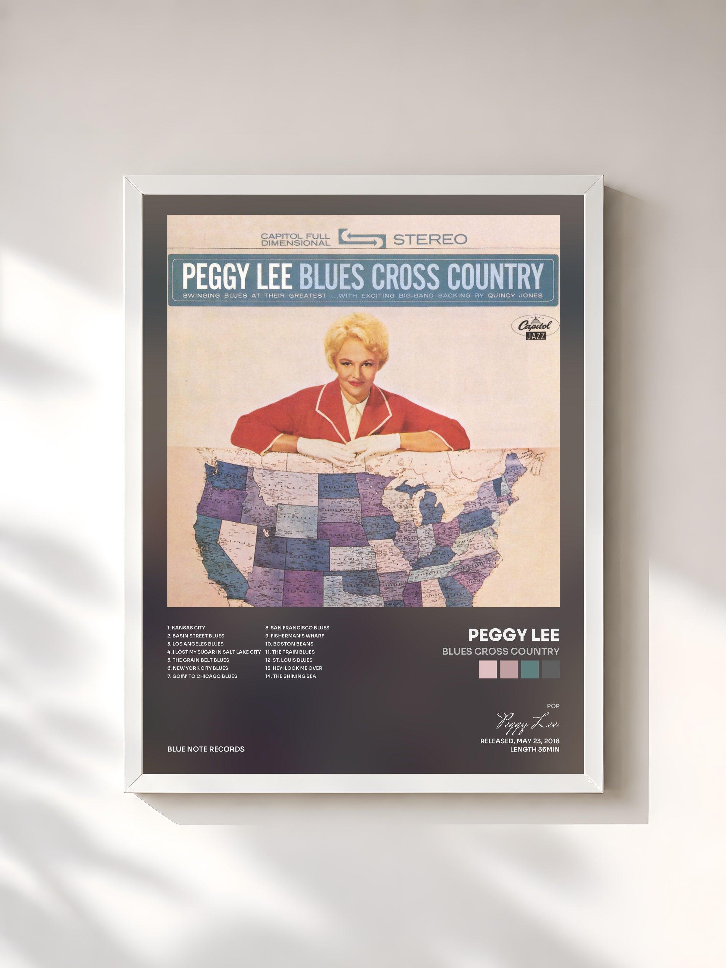 #blanc Tableau de l'album Blues Cross Country de Peggy Lee, cadre blanc, imprimé et encadré en France