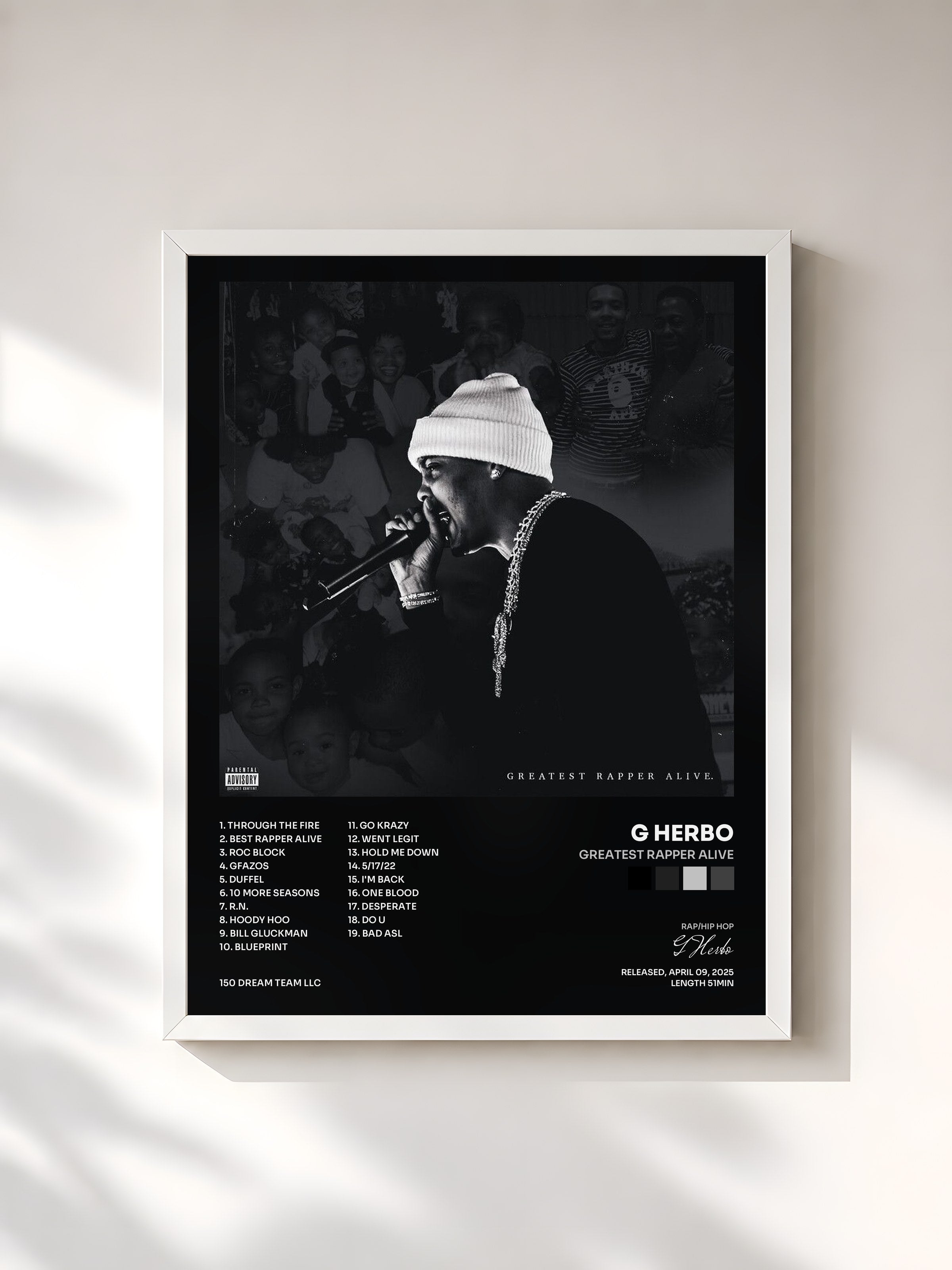 #blanc Tableau de l'album Greatest Rapper Alive de G Herbo, cadre blanc, imprimé et encadré en France